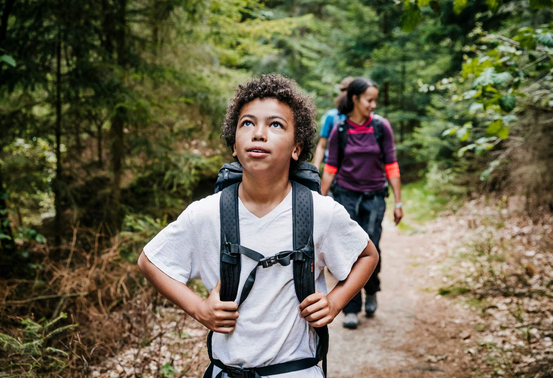 A child and some adults are walking in the forest