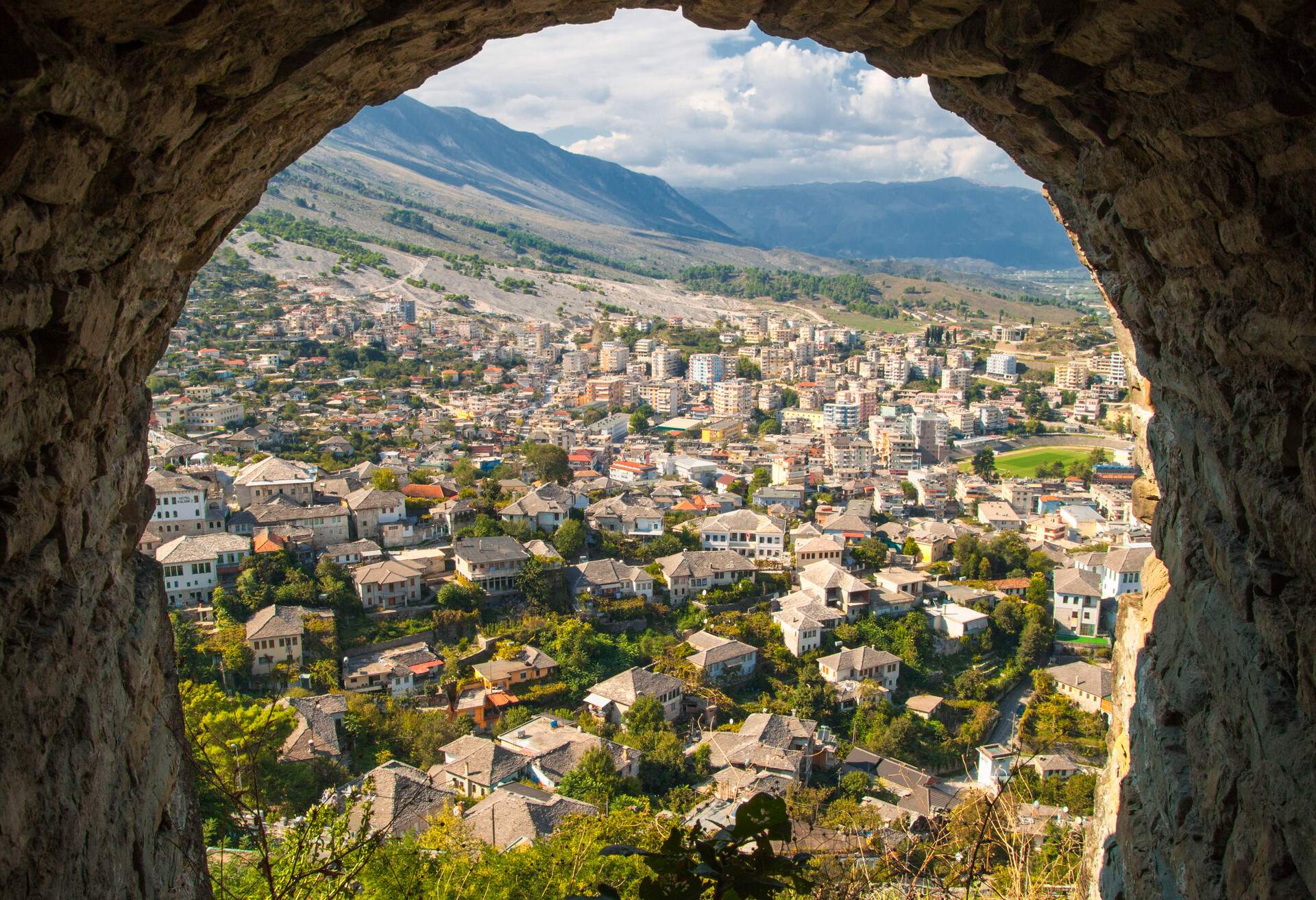 Gjirokaster, Albania - 20 September 2016: View of Old Town Gjirokaster from the castle, Albania