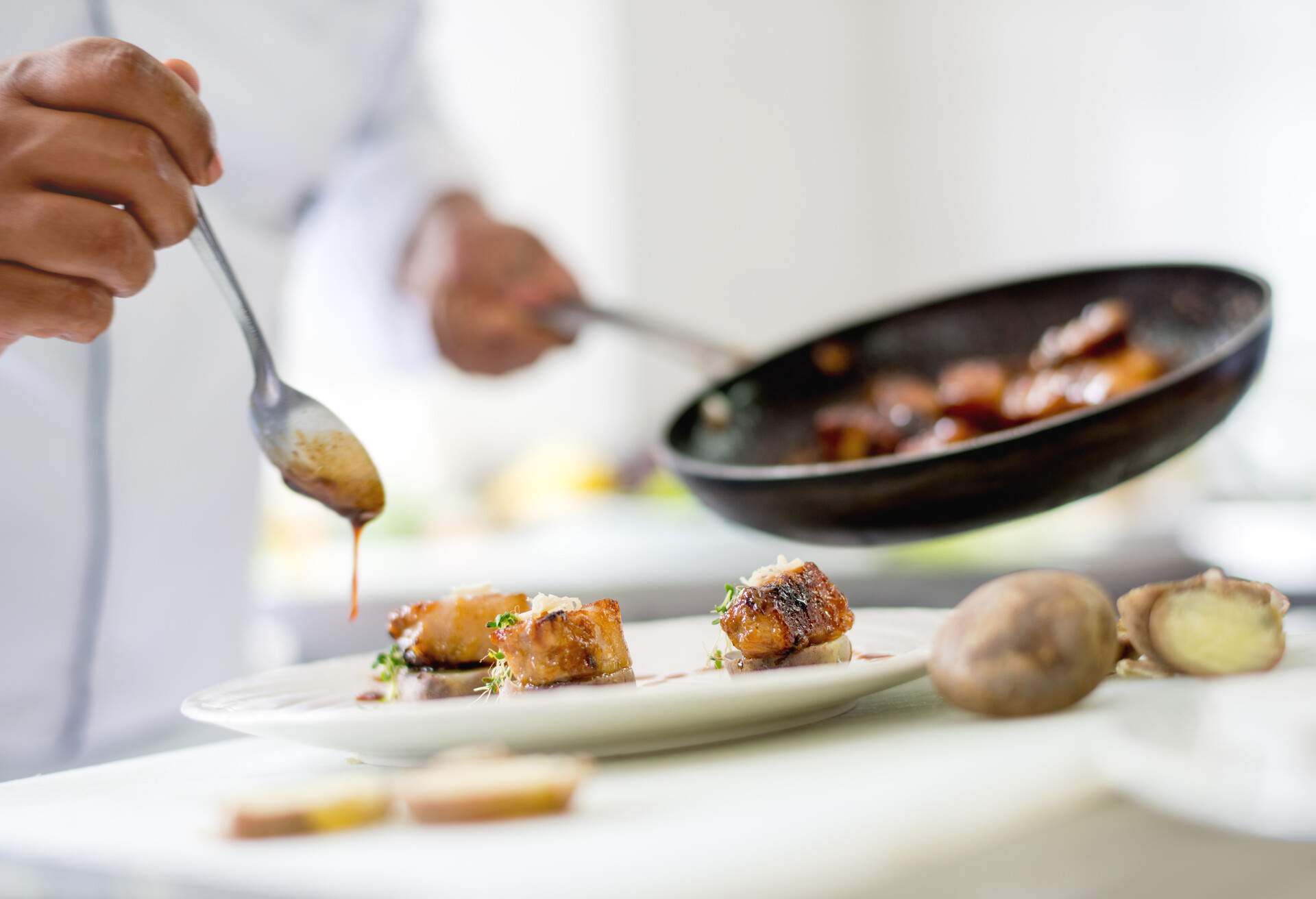 Chef serving a plate in a commercial kitchen at a restaurant - food concepts
