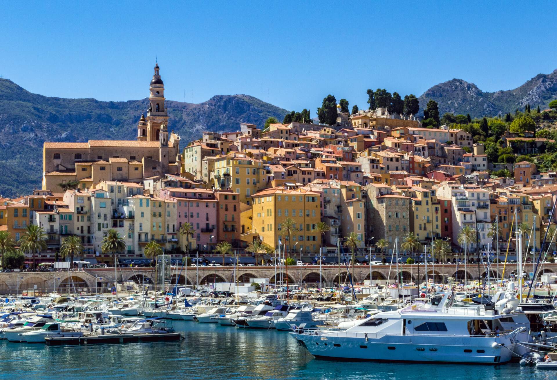 View of Menton and harbour on a sunny day, France