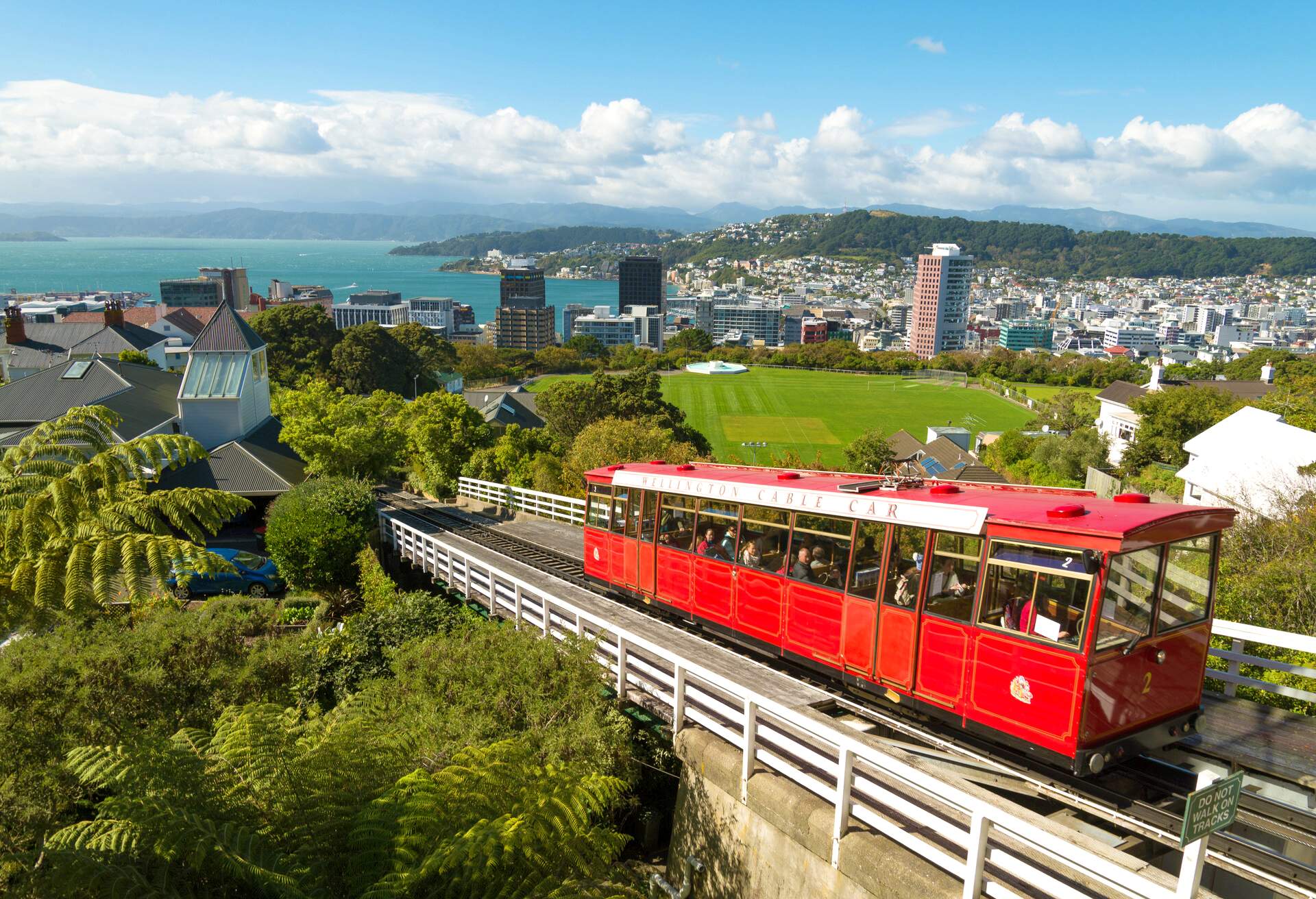 Wellington iconic cable car, high angle view over the city, New Zealand