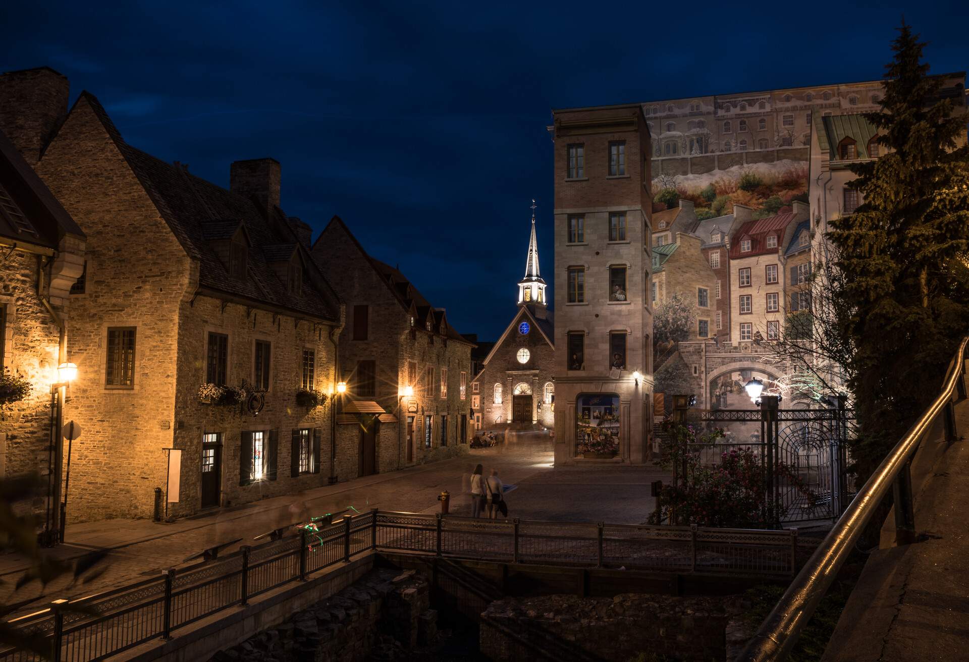 Streets of Old Quebec City, near of La Fresque des Quebecois during the night. Canada