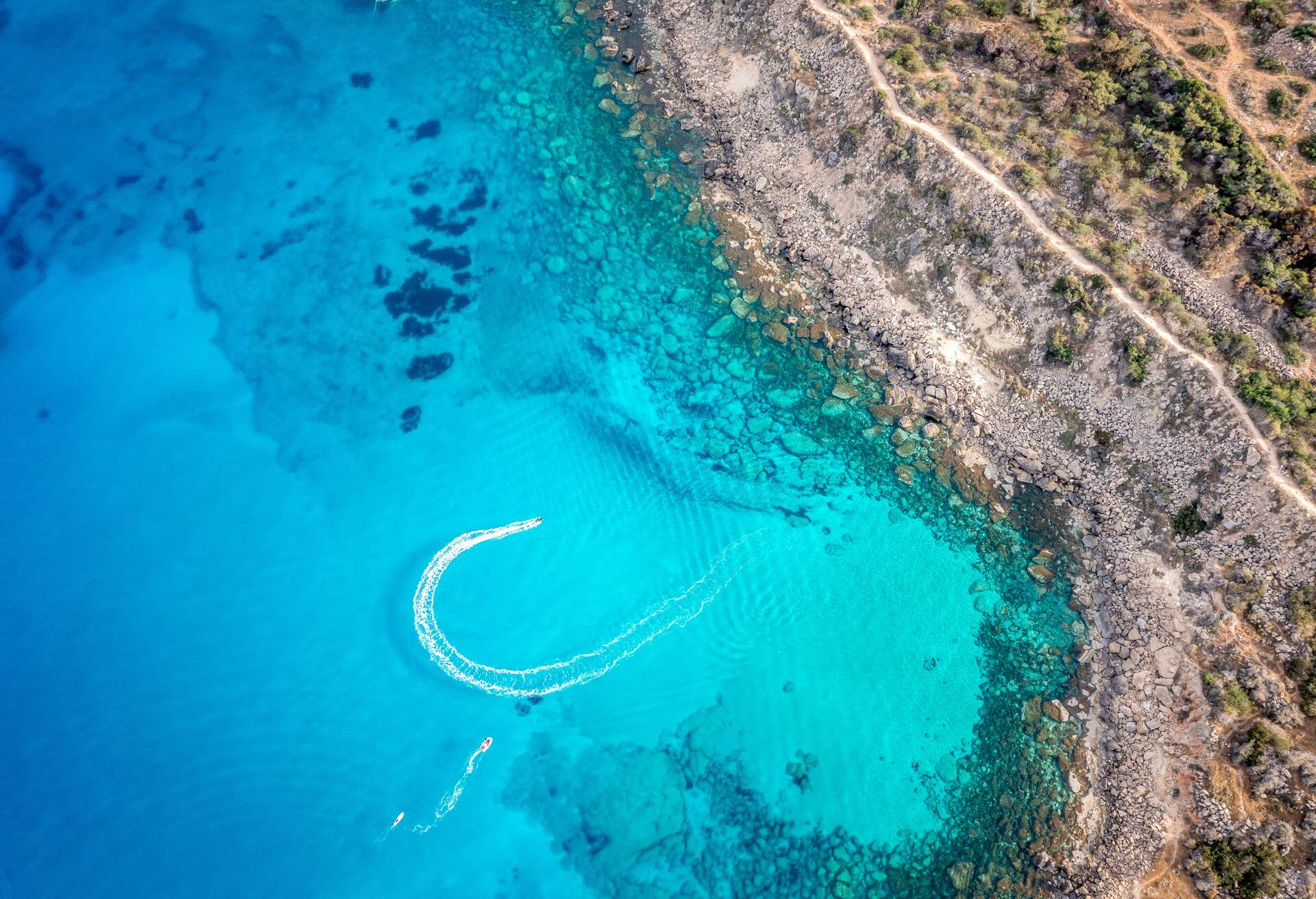 Aerial view of Konnos Bay Beach in Ayia Napa. Famagusta District, Cyprus.