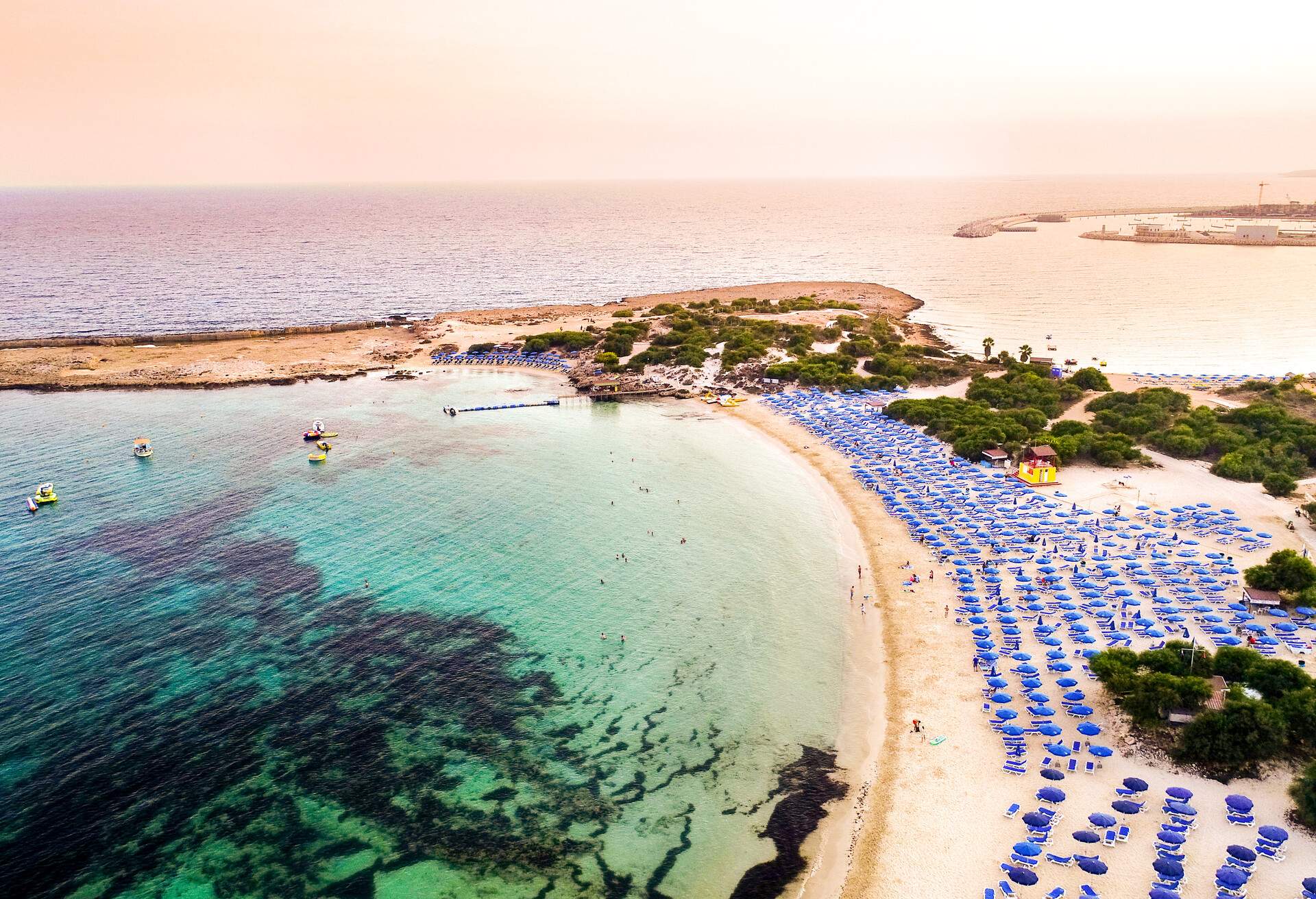 Aerial bird's eye view of famous Makronissos beach coastline, Ayia Napa, Famagusta, Cyprus. The landmark tourist attraction Makronisos bay at sunset with golden sand, sunbeds, sea restaurants in Agia Napa on summer holidays, from above.