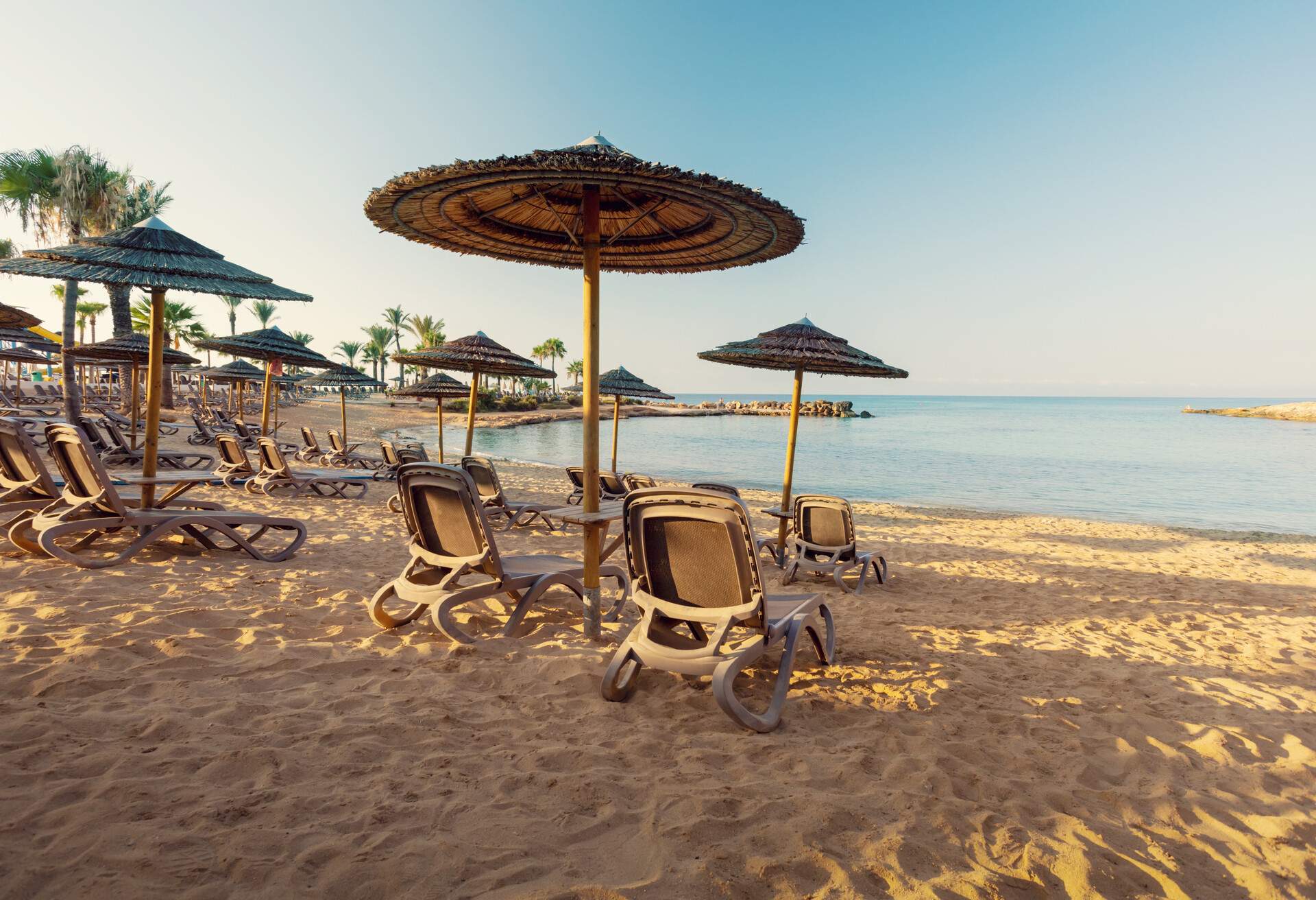 Beautiful landscape near of Nissi beach in Ayia Napa, Cyprus island, Mediterranean Sea at sunrise. Summer vacation.