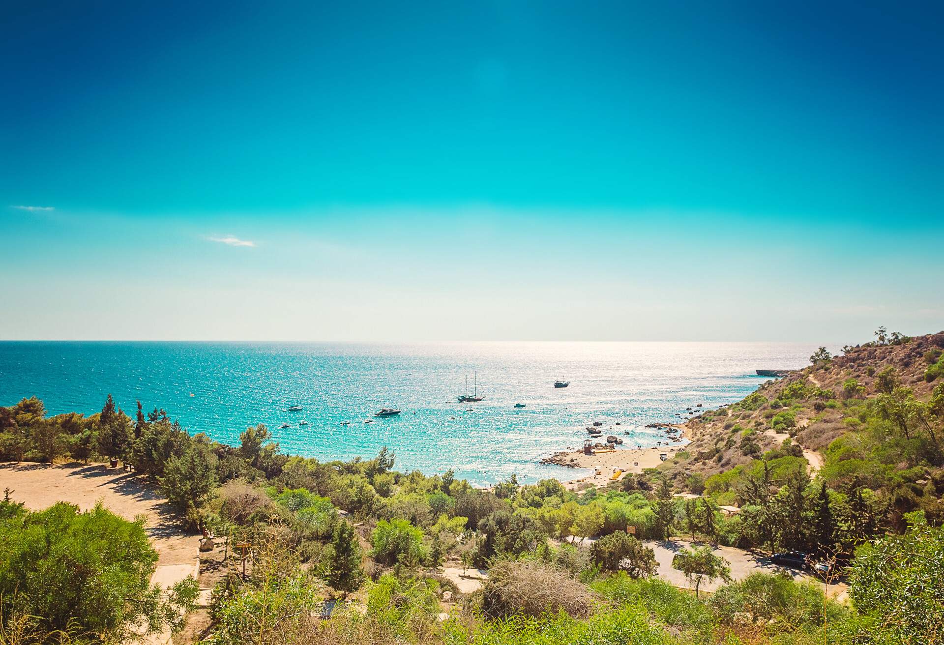 Seascape in Cyprus Protaras, Konnos beach, picturesque view of lagoon Mediterranean Sea from above