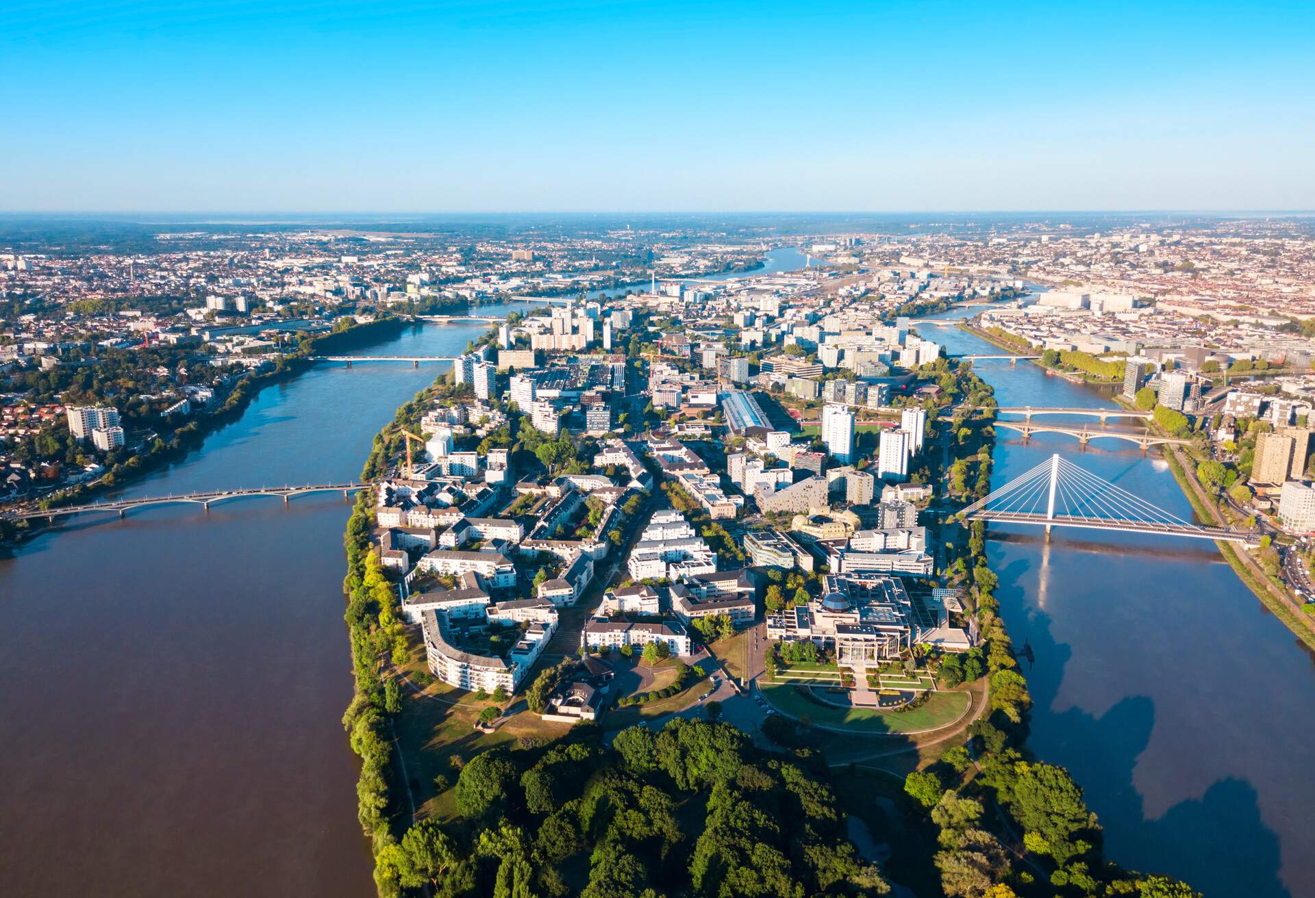 Nantes city between the branches of the Loire river aerial view in Loire-Atlantique region in France 