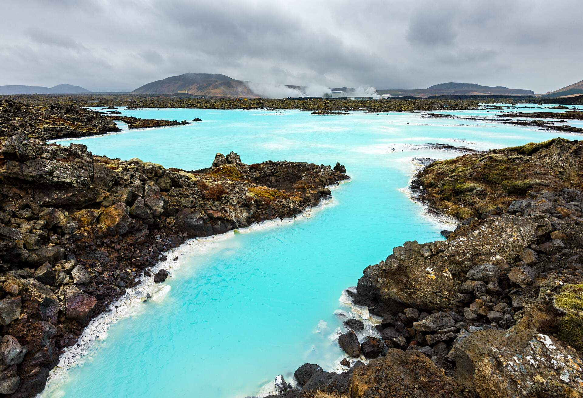 Wide angle view of the landscape at the Blue Lagoon in Iceland, Europe.