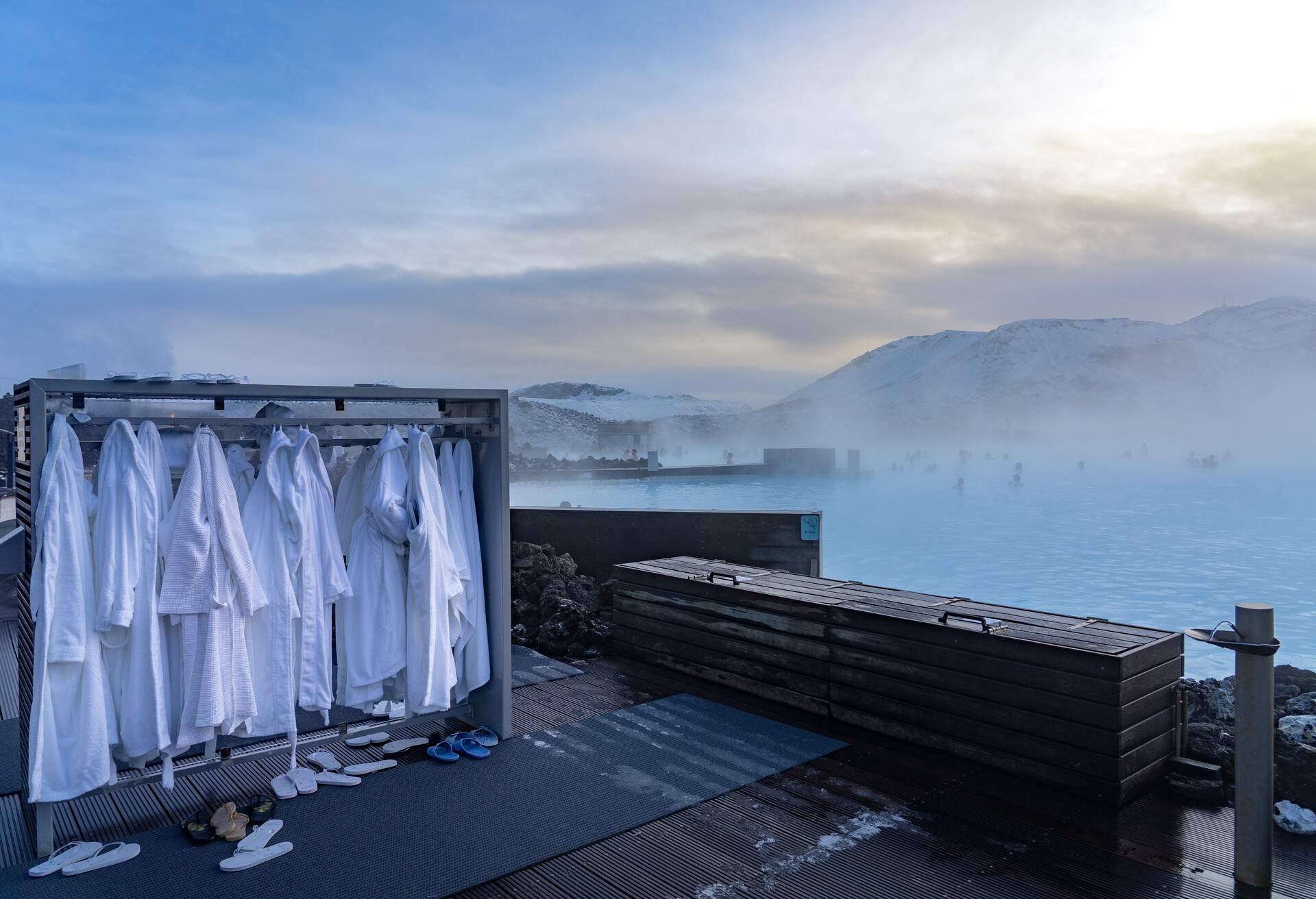 bathrobes in Blue Lagoon next to Reykjavik with people bathing in this natural hot spring