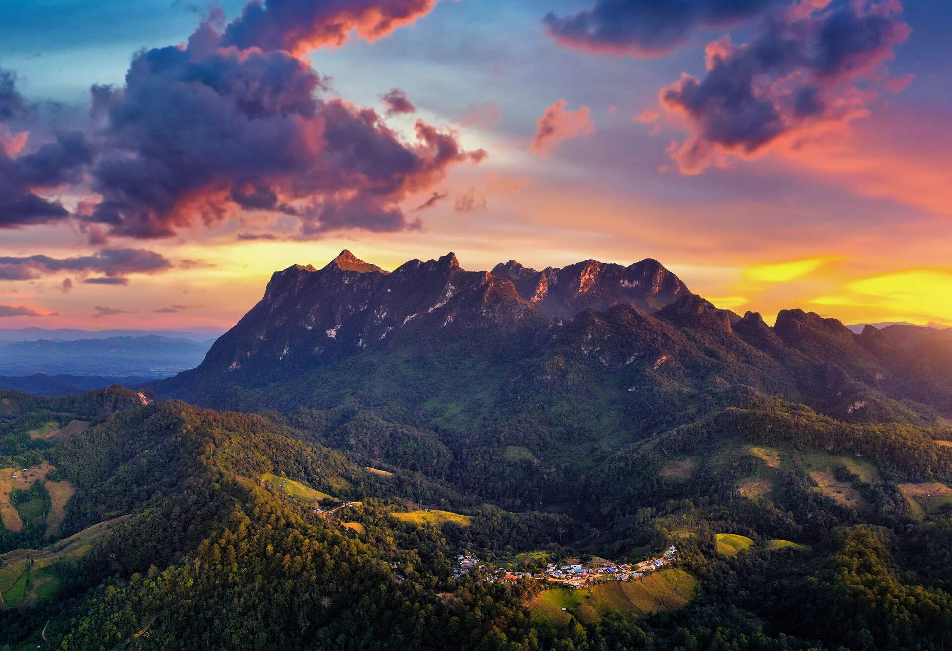 Aerial view Doi Luang Chiang Dao mountains at sunset, Chiang mai, Thailand.