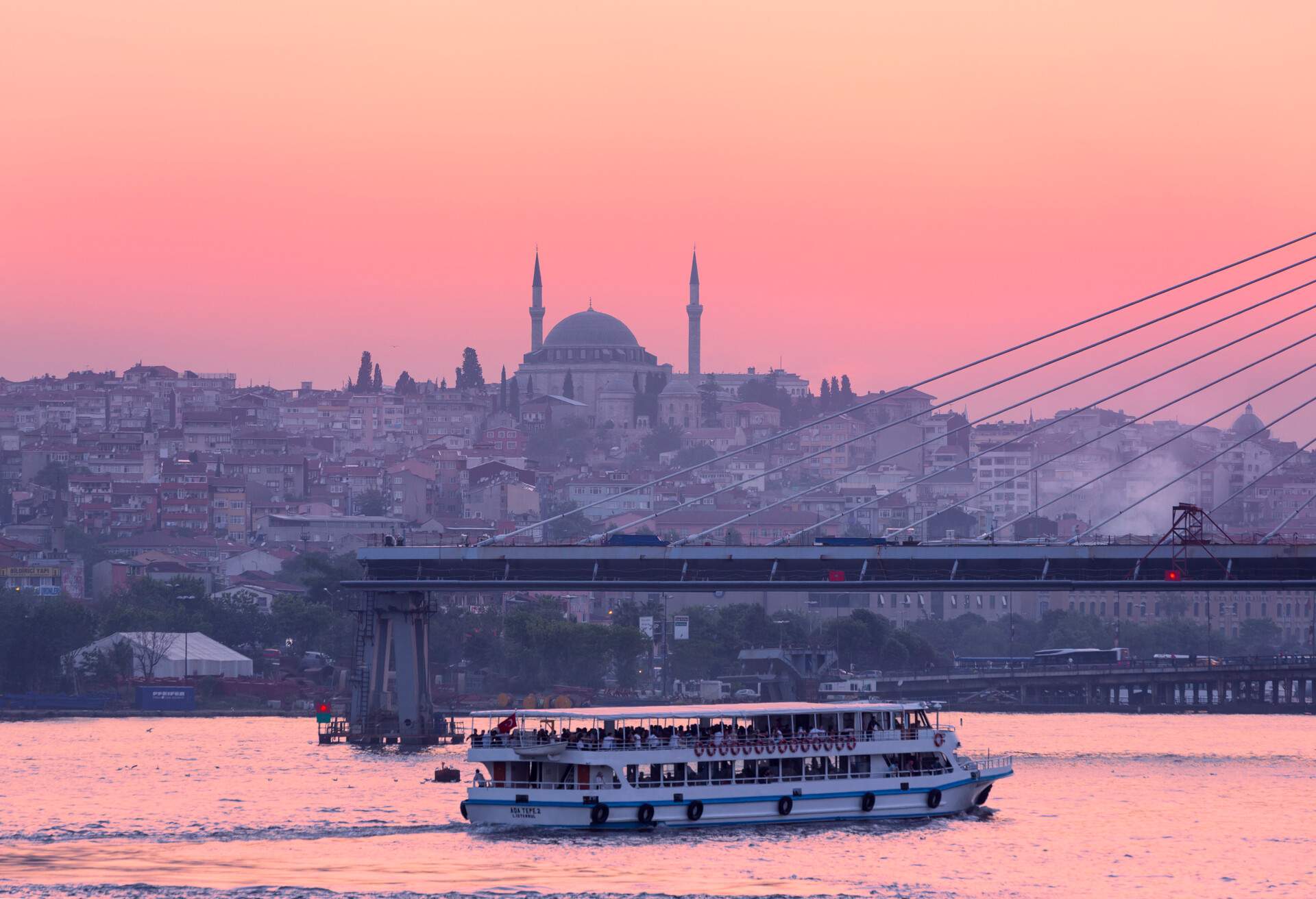 View at sunset over the Bosphorus Strait from Galata Bridge.