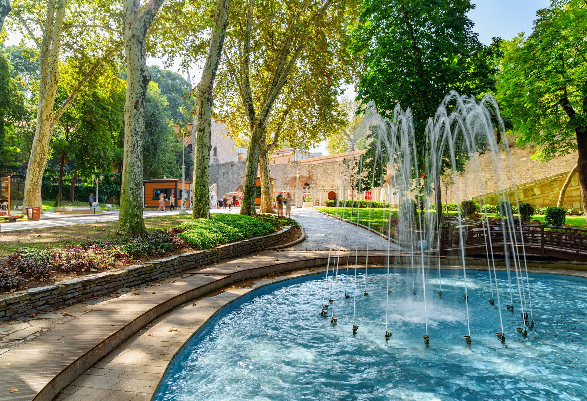 Scenic fountain at Gulhane Park in Istanbul, Turkey. The oldest park in Istanbul was once part of the outer garden of Topkapi Palace. The garden is a popular place among tourists and residents.