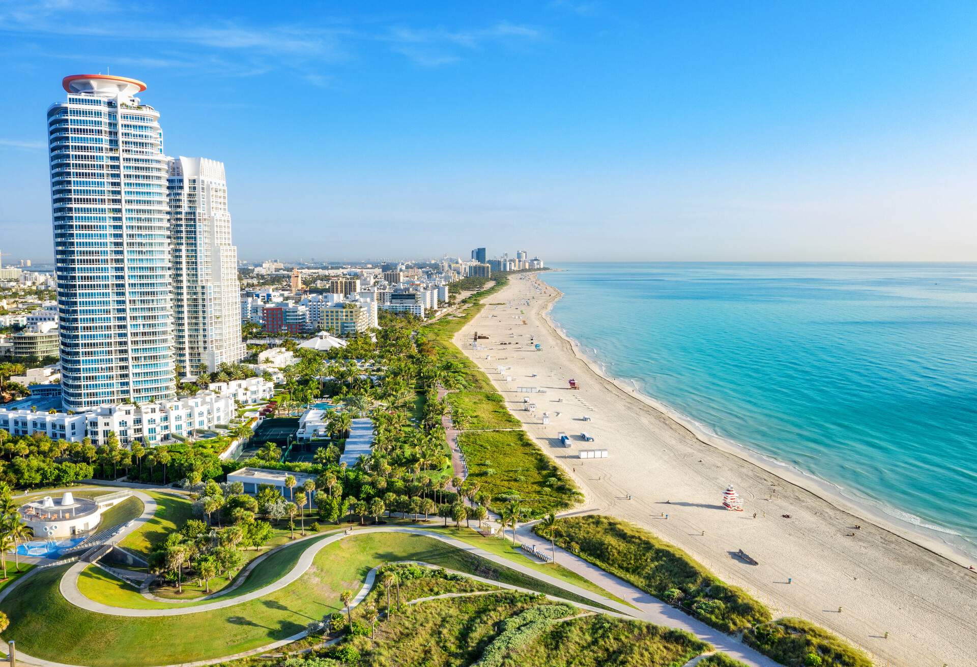 Panoramic high view of South Beach at Miami South Pointe Park with high skyscrapers and a blue sunny summer sky, Florida, USA
