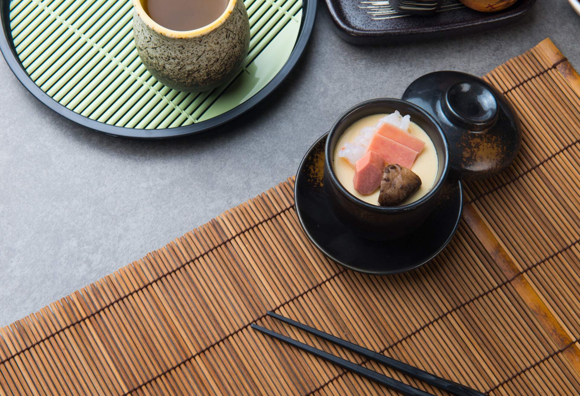 chawanmushi, steamed egg custard, flat lay 