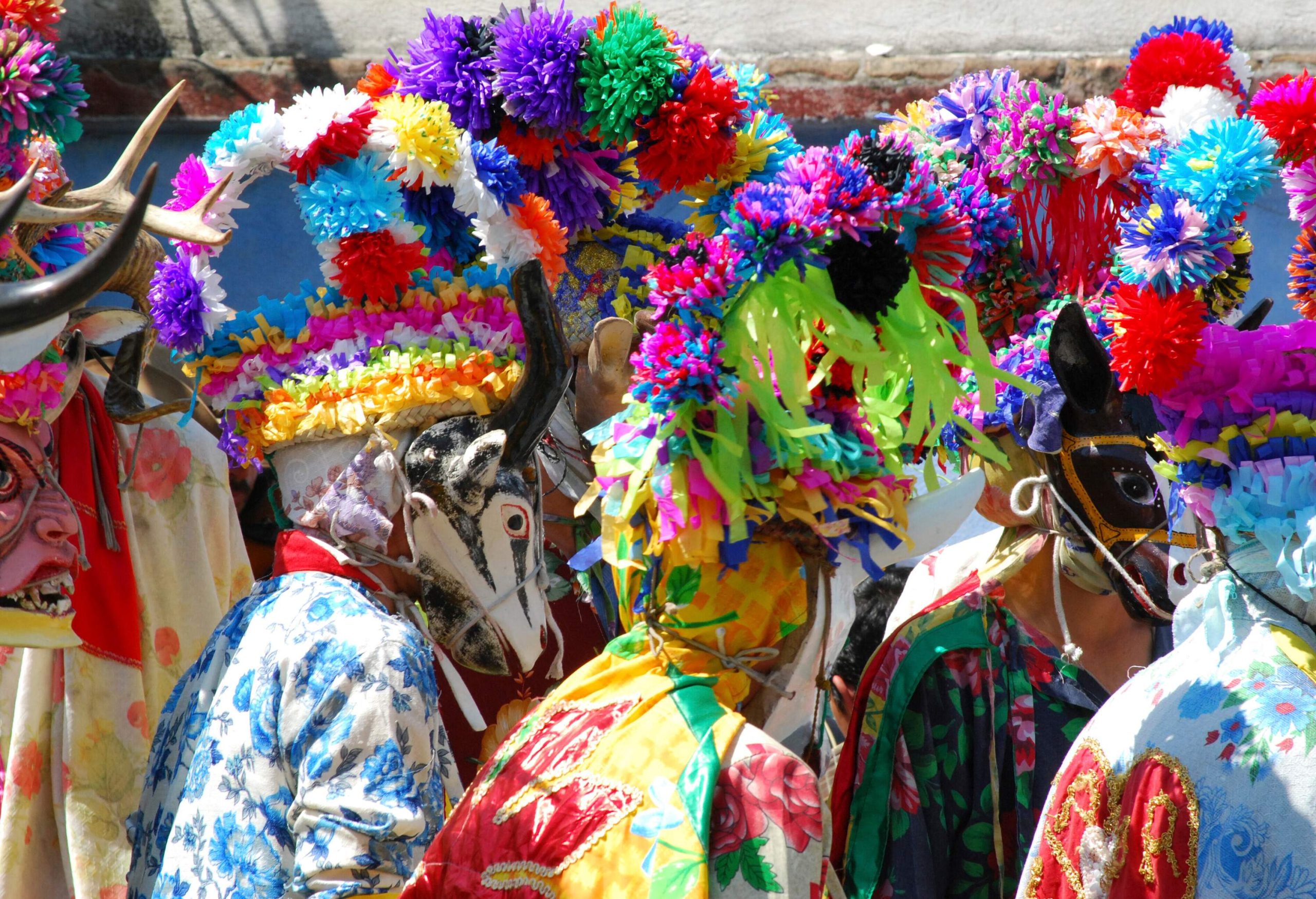 A group of people wearing colourful costumes, animal masks, and headdresses with vibrant papier-mâché flowers.