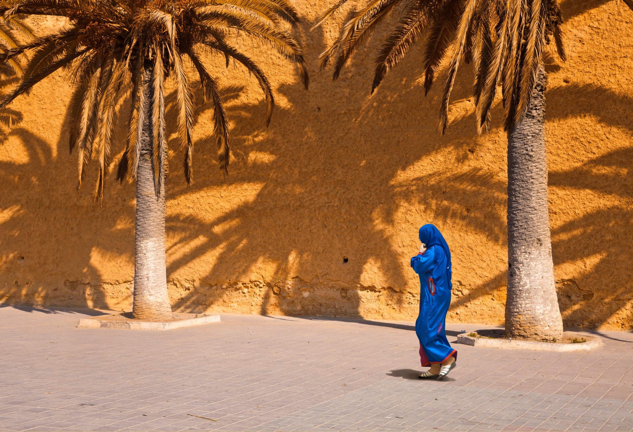 A person in a blue hooded robe walks along palm trees and a building with a mud wall.