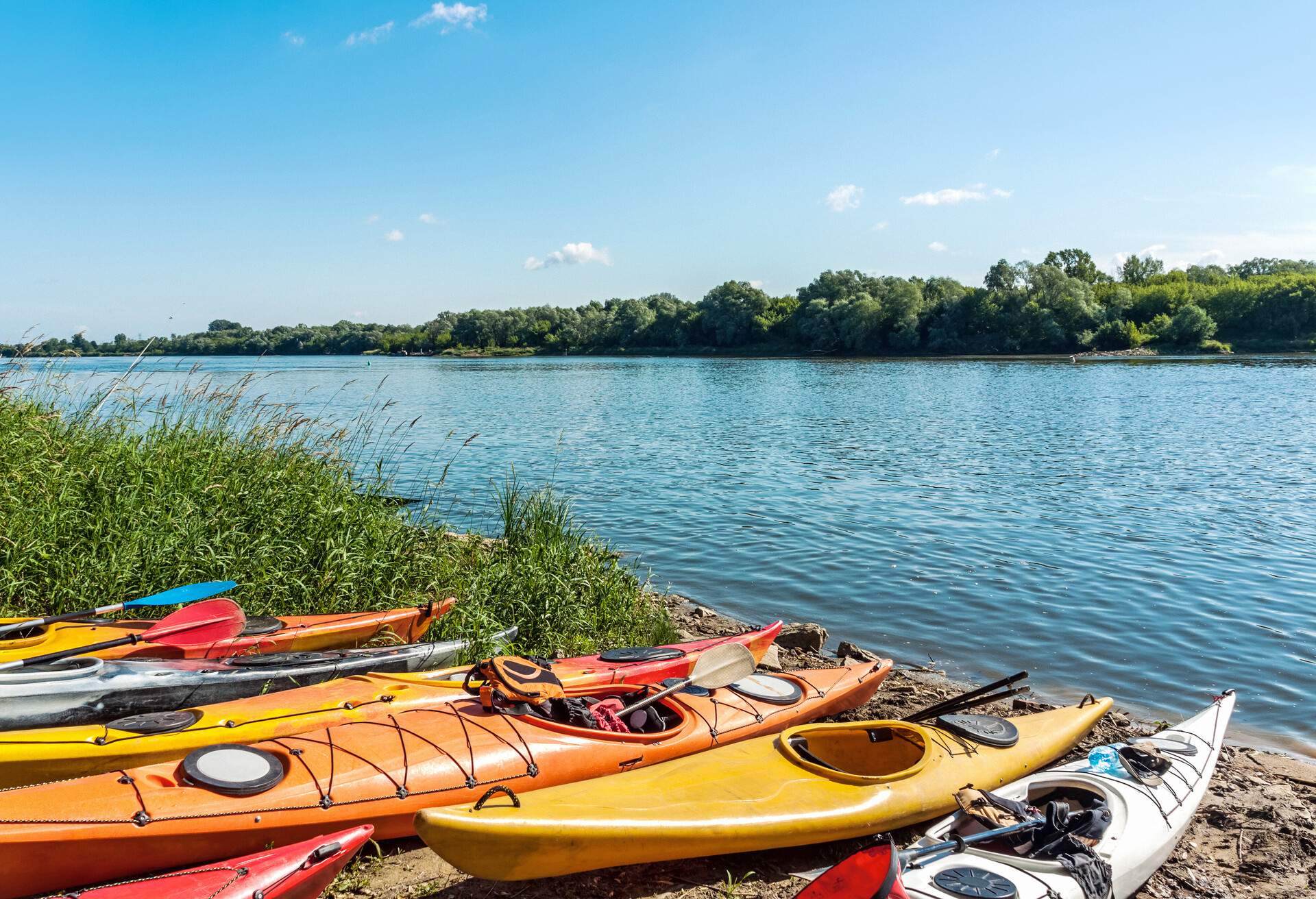 Colorful kayaks on Wisa riverbank in Bielany district of Warsaw, Poland