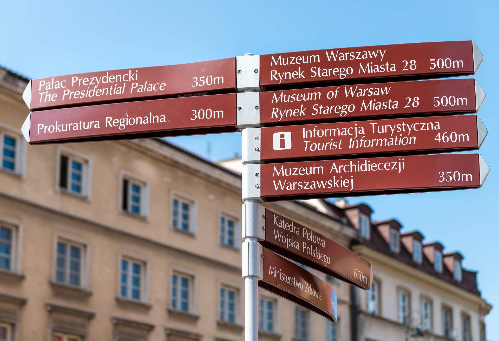 Warsaw, Poland Old town historic street city during sunny summer day Krakowskie Przedmiescie and direction information sign