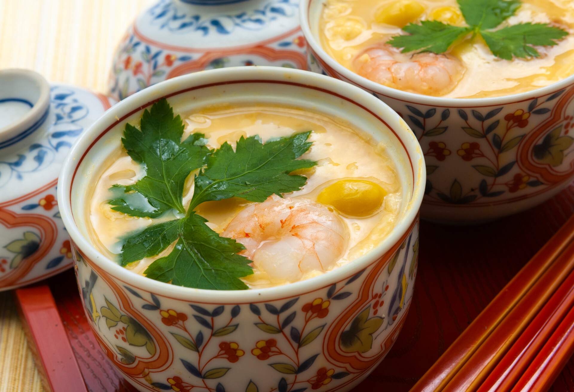 Chawanmushi is Japanese cuisine, steamed cooked egg with broth.