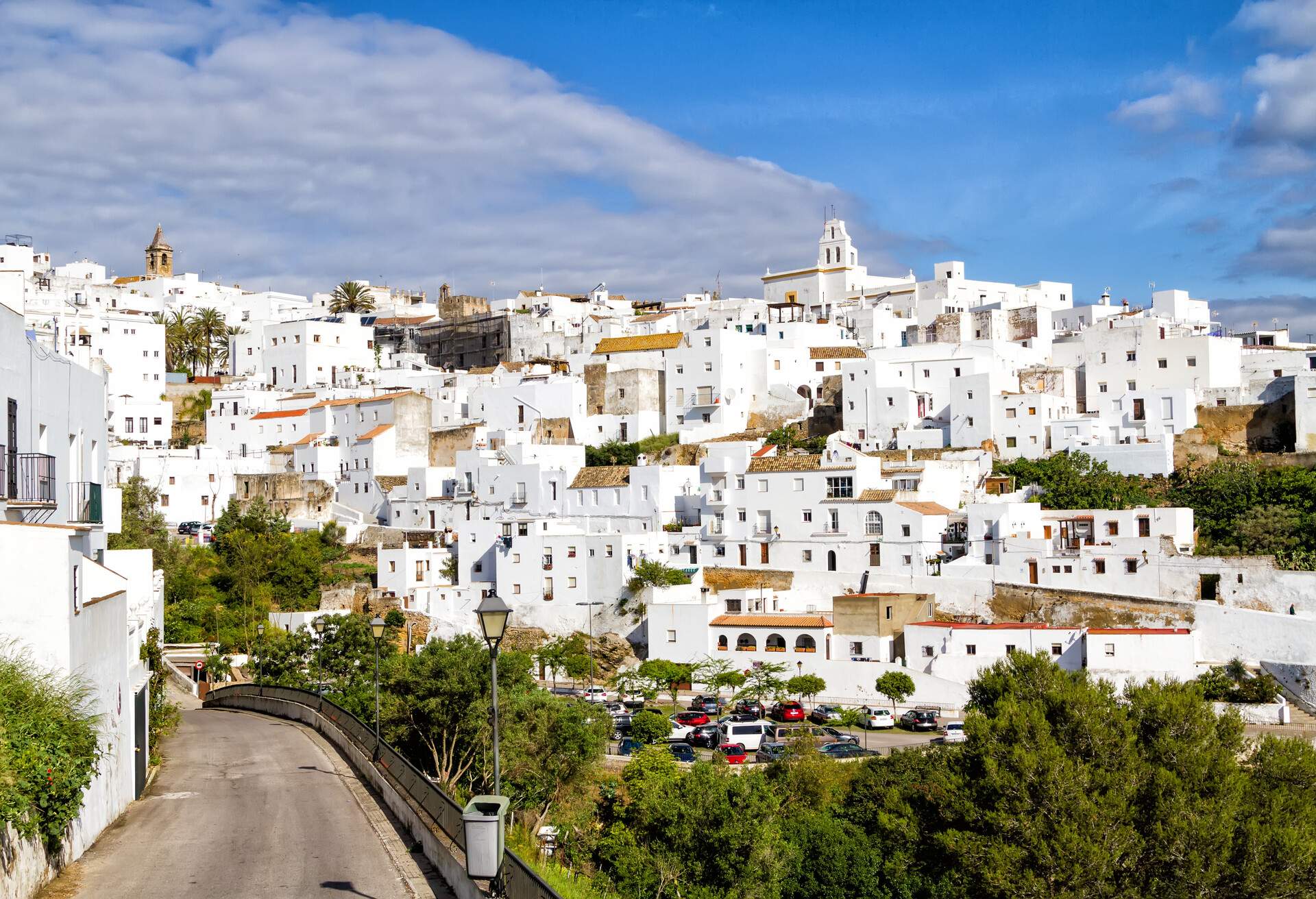 Aerial view of white city in sunny day (pueblo blanco) Vejer de la Frontera in Andalusia. 