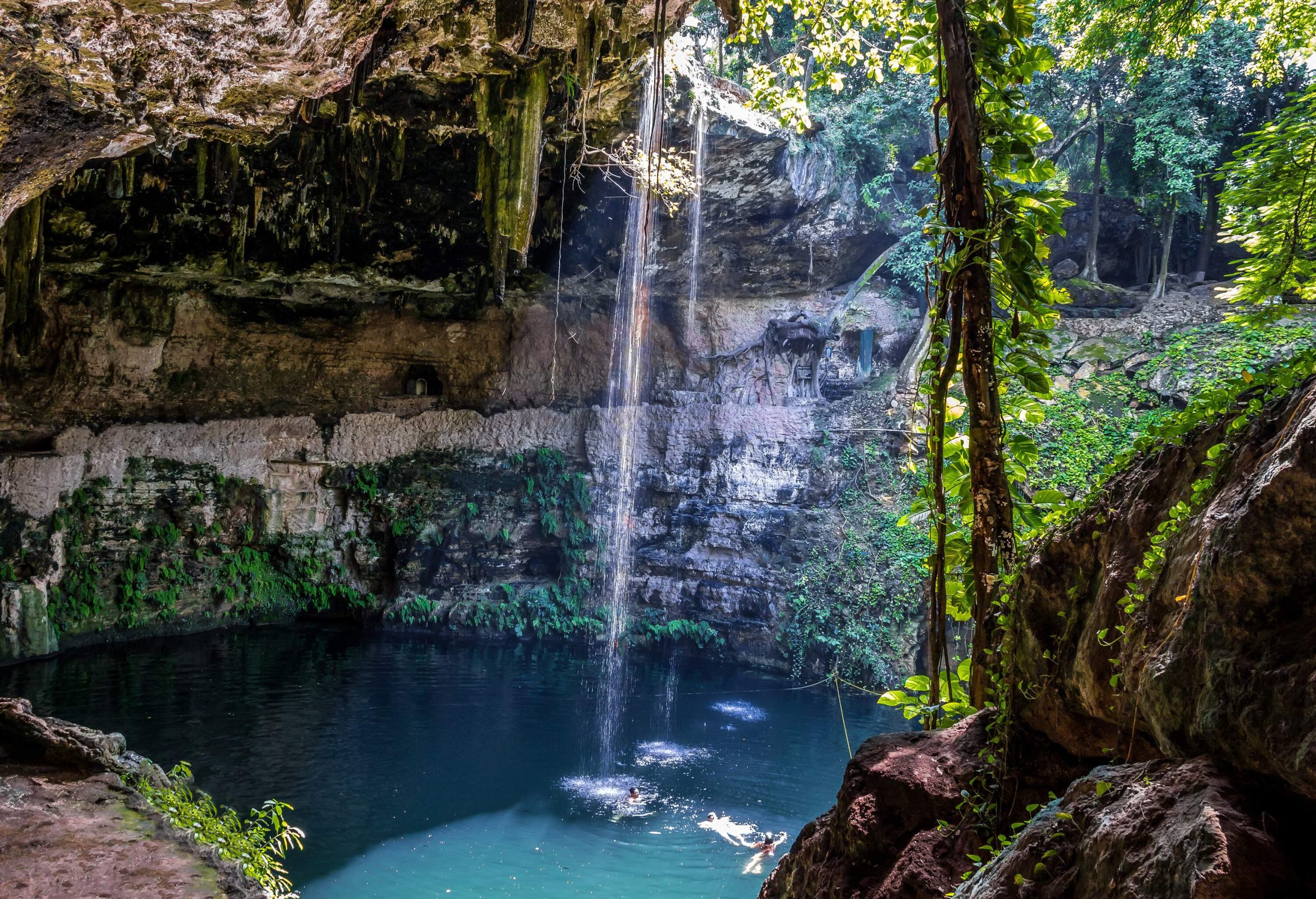 Aerial view of people in a swimming hole with crystal clear waters shrouded in vegetation.