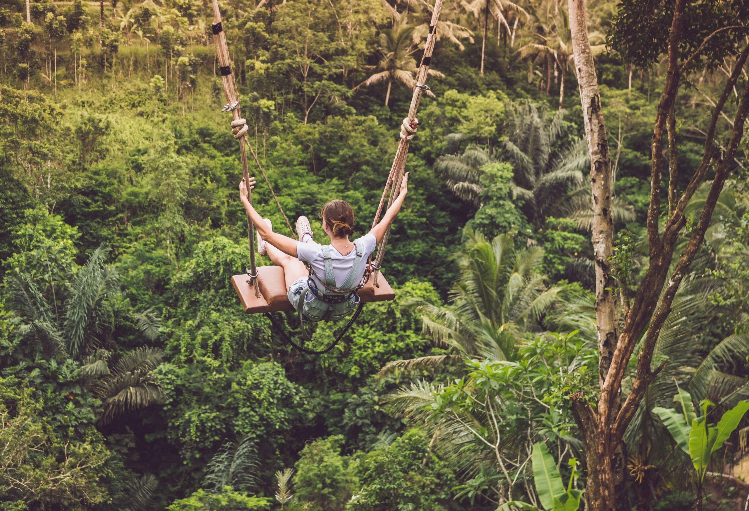 A female harnessed on a hanging swing of a cliff in the middle of the forest.