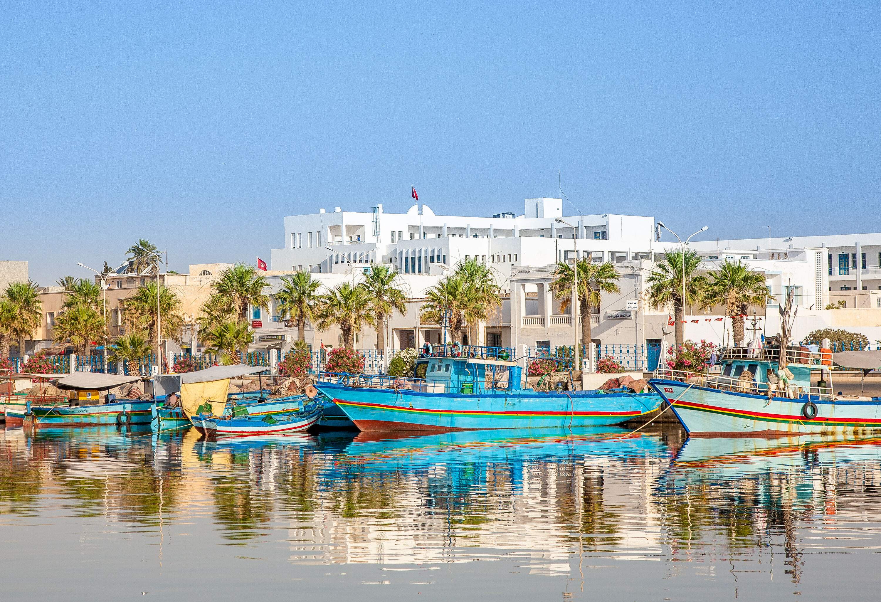 A row of colourful wooden boats anchored on a harbour against the backdrop of a tree-lined promenade and white waterfront buildings.