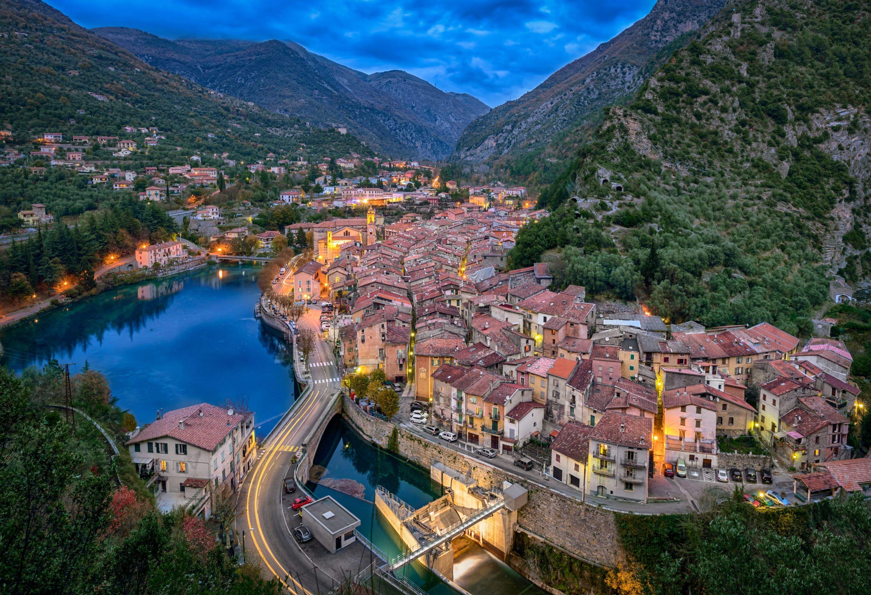 Aerial view on historical town Breil-sur-Roya at dusk, Alpes-Maritimes, France