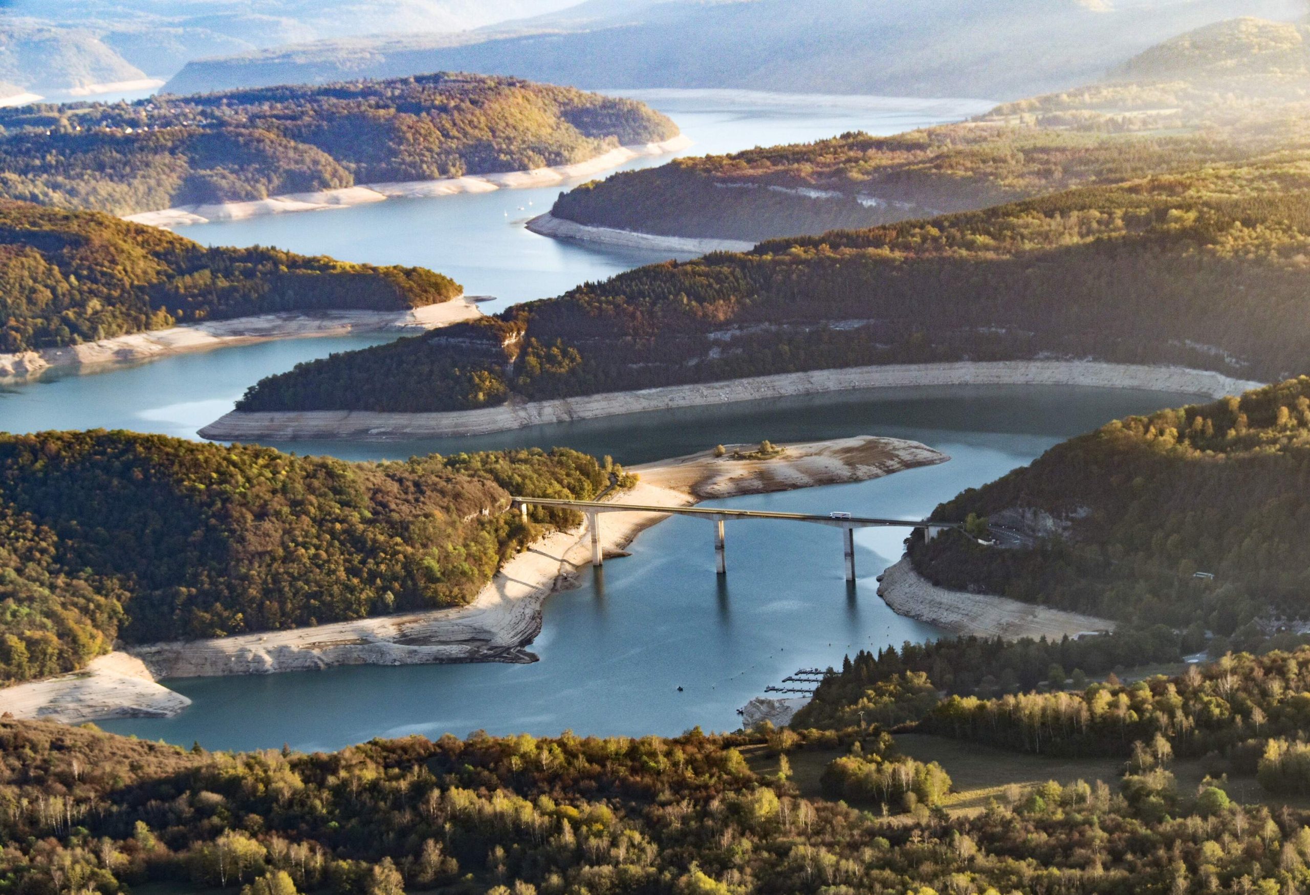 Aerialiew of Vouglans dam in Jura - Pont de la Pyle