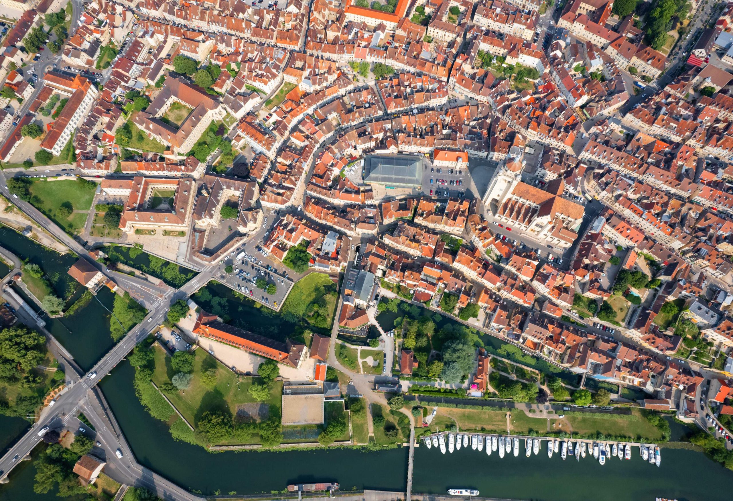 Aerial view of the french city of Dole in the Jura region of France during summer