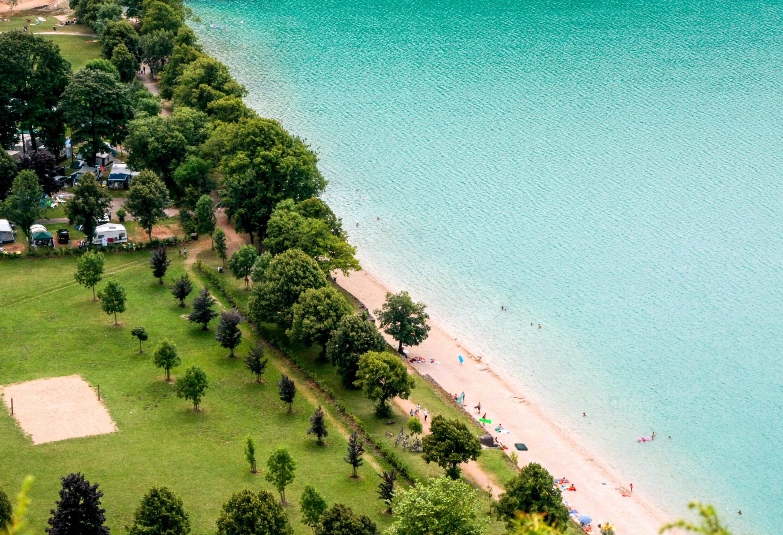 Aerial view of Lake Chalain in Jura mountains, France.