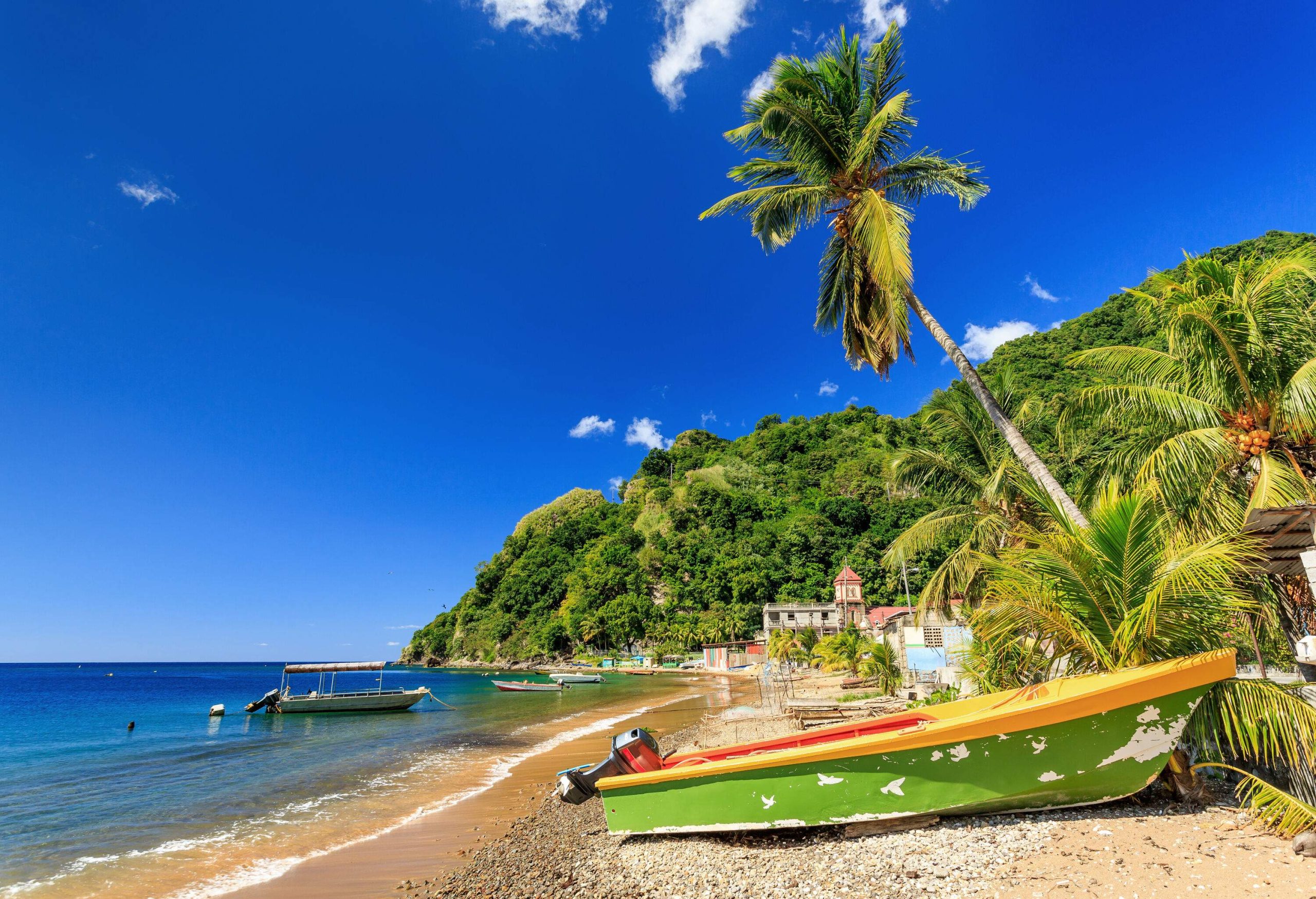 A boat stranded on the sandy beach is accompanied by a towering palm tree, while buildings and wooded slopes provide a picturesque backdrop.