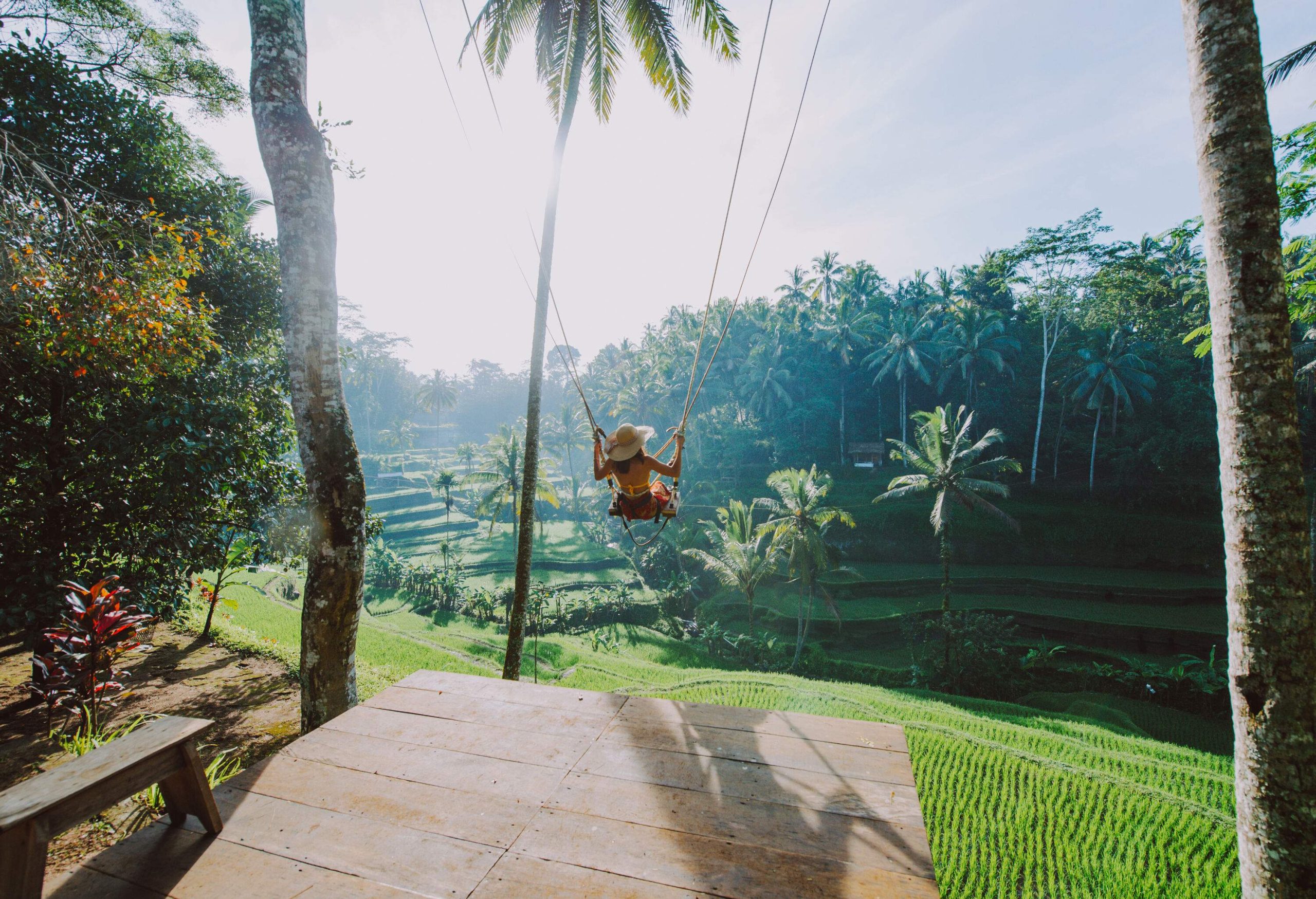 A woman in a wide-brimmed hat sat on a huge swing above the vast rice fields.