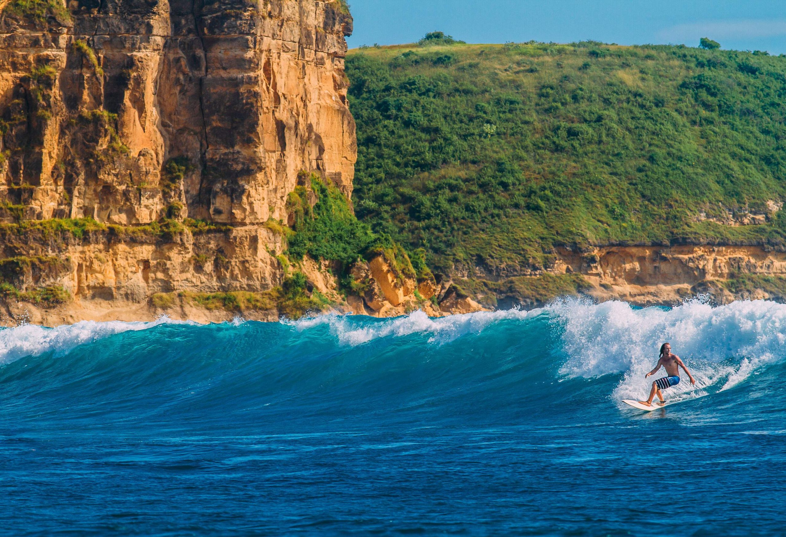 A surfer rides a big wave against a backdrop of a steep cliff and forested hills.