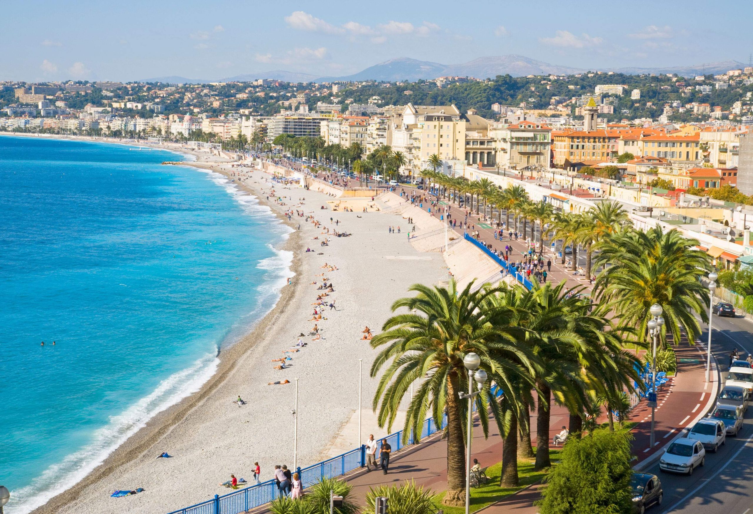 Aerial view of the Mediterranean beach lined with tall green trees and a coastal cityscape.