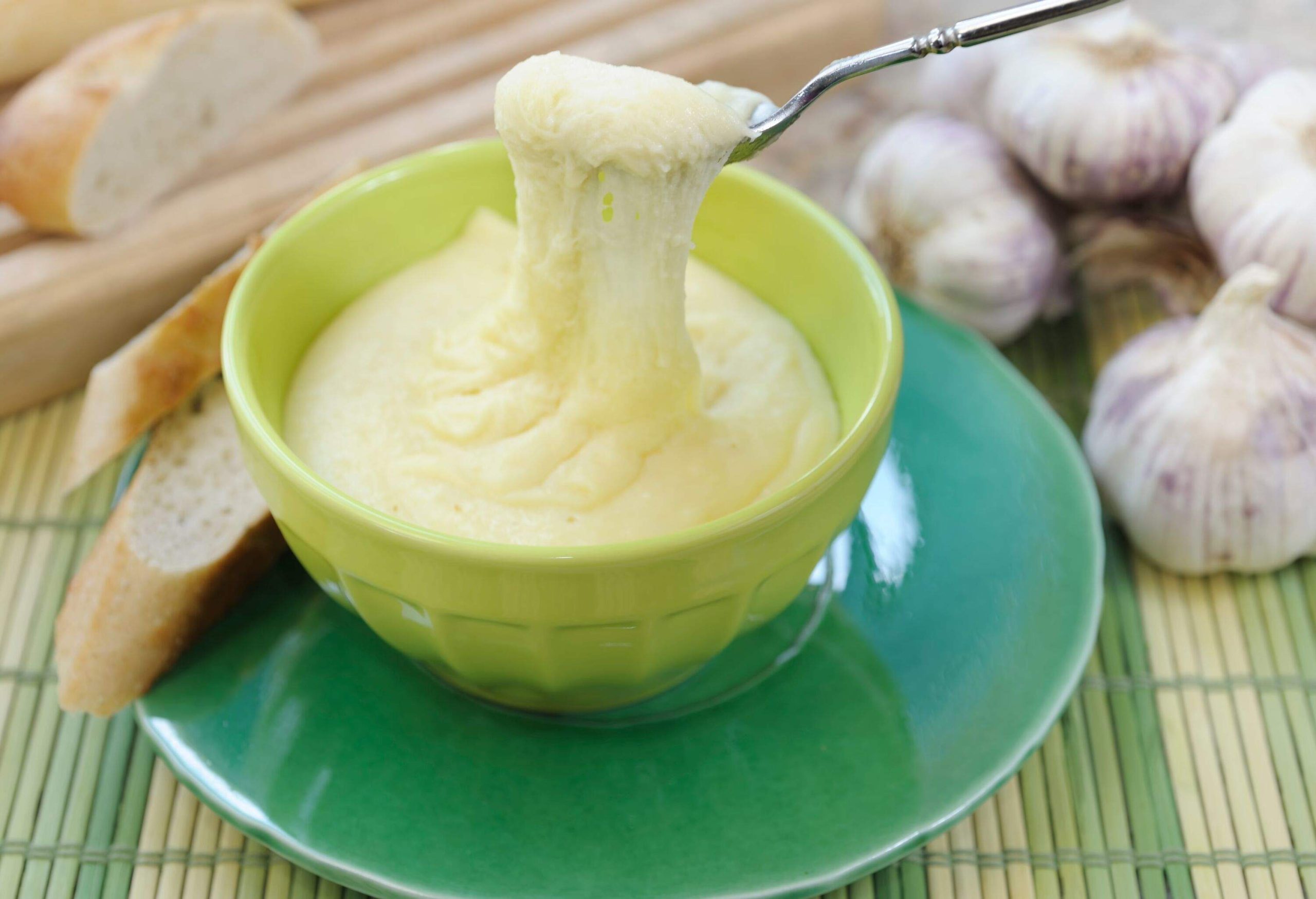 Traditional French soup from the Aubrac region called l'aligot and made from Cantal cow's cheese, mashed potatoes