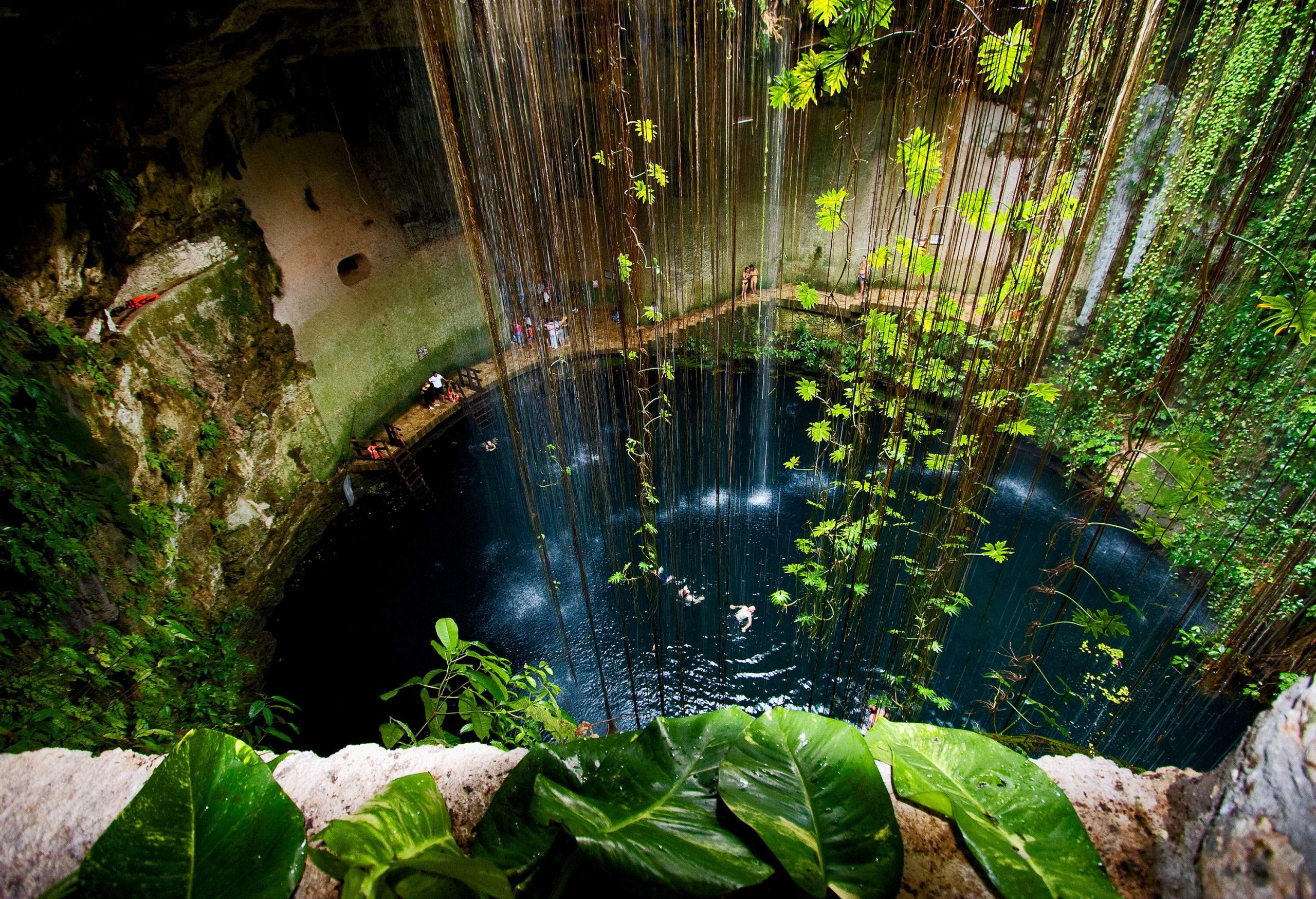 A fascinating deep natural pit with freshwater and hanging vines.