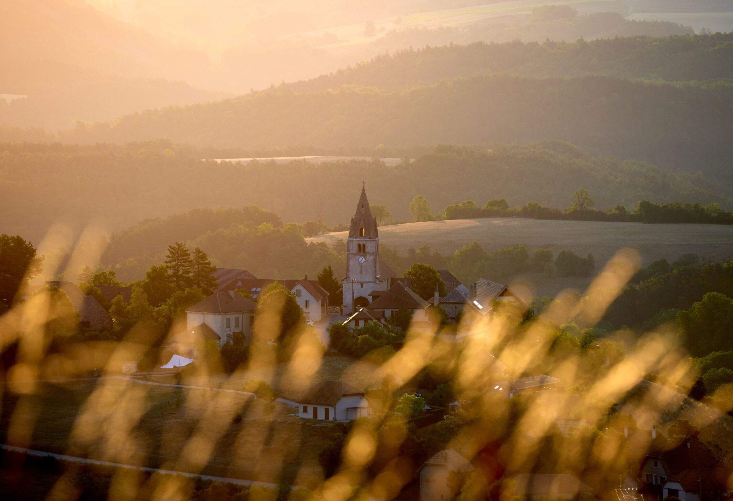 first light over a village in Trièves area.Vercors region, france, august 09,2022