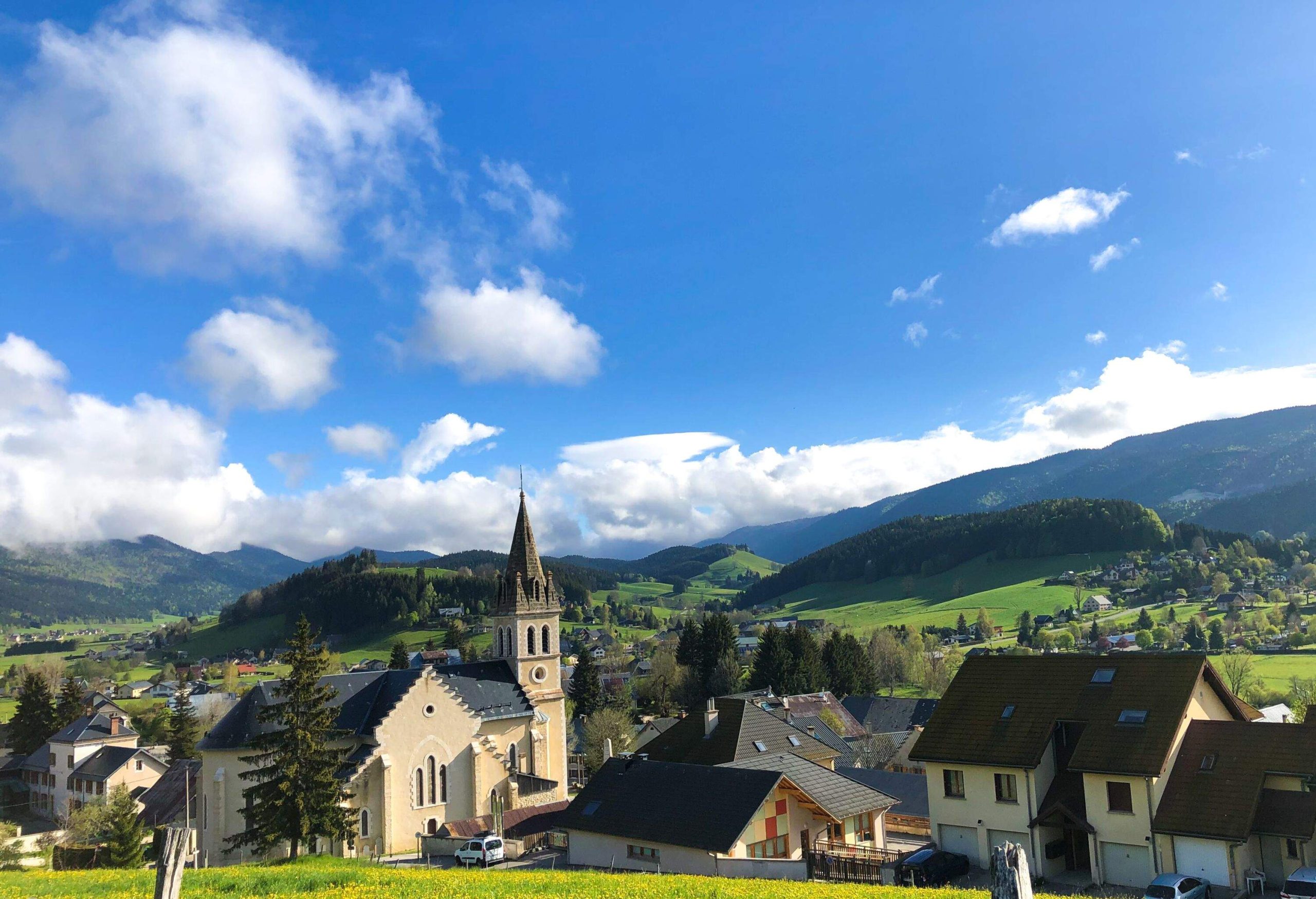 Meaudre, Le Vercors, France: Village Center, Church, Meadow, Blue Sky