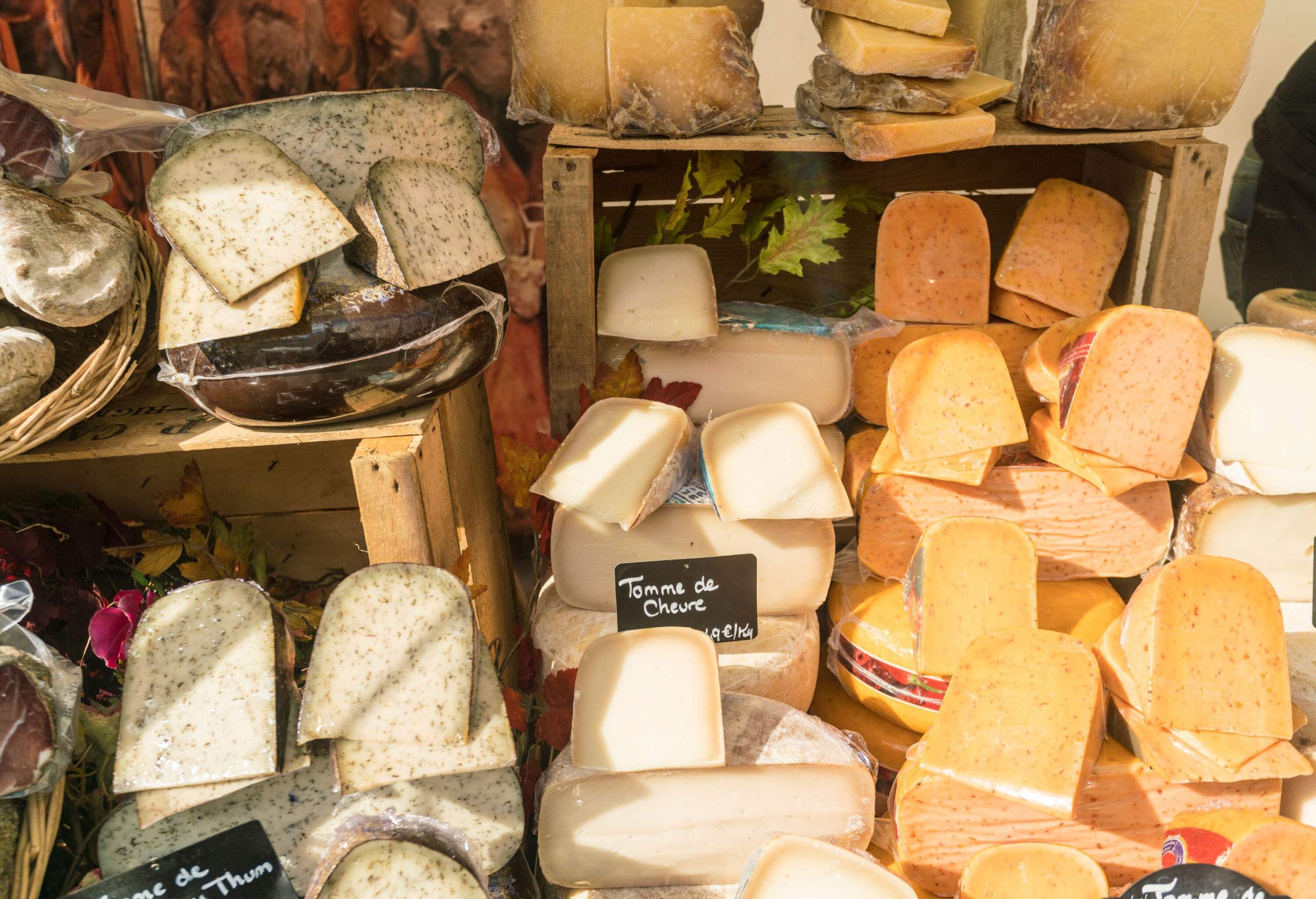 A display of assorted cheese with individual labels.