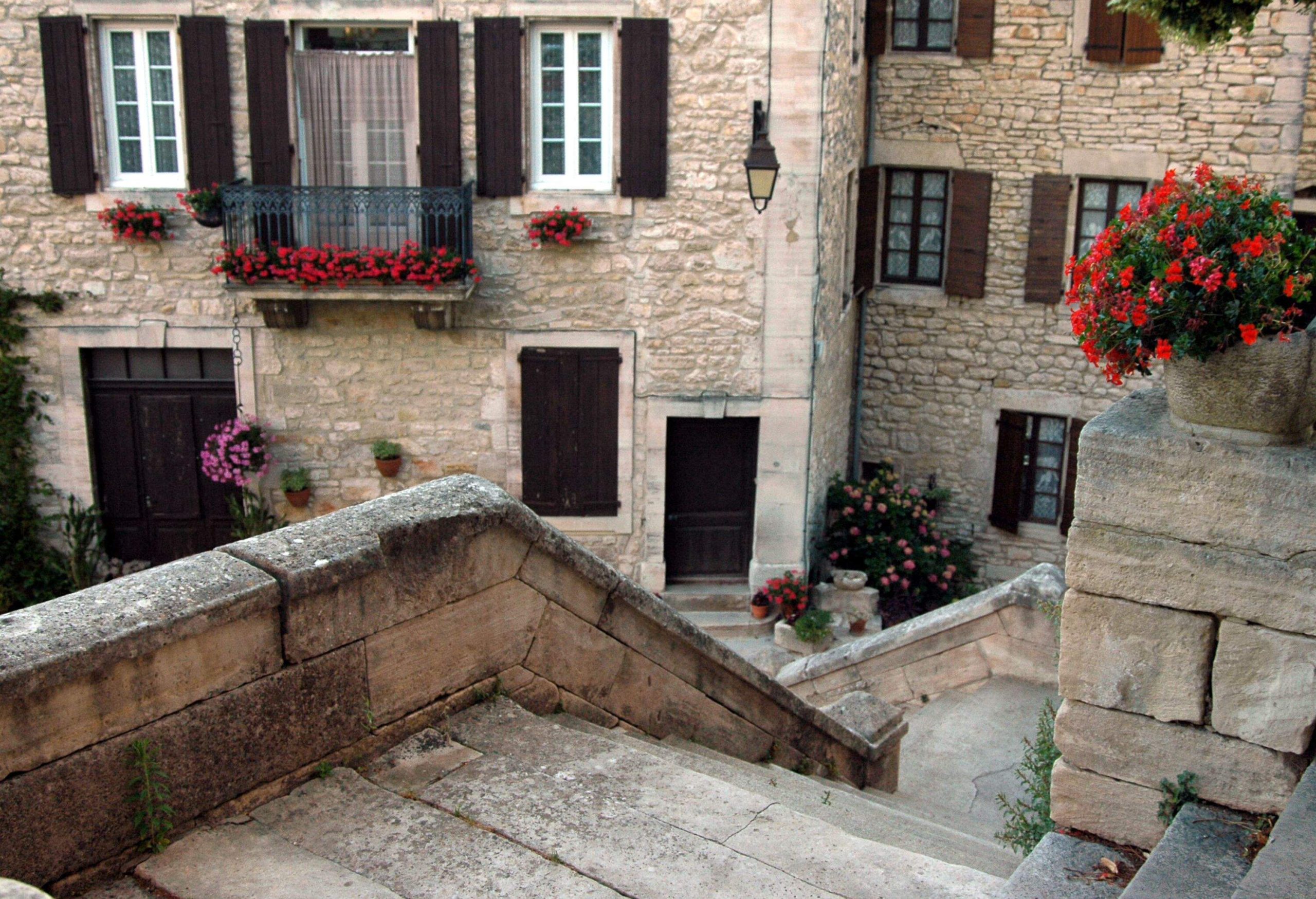 The historic village of Barjac, France. Looking down the stairs.