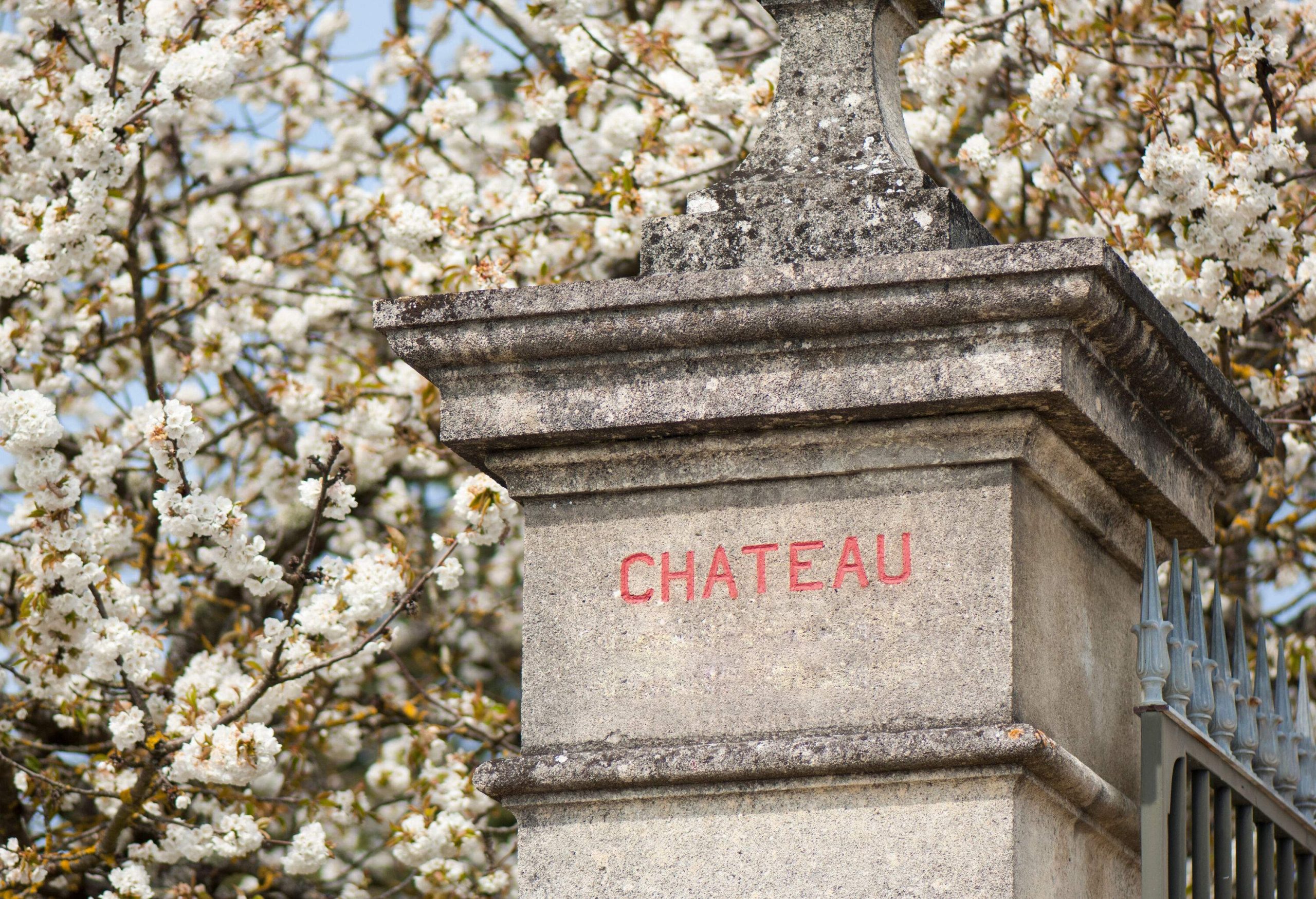 A beautiful cherry tree is in full bloom against a stone gate post that reads 