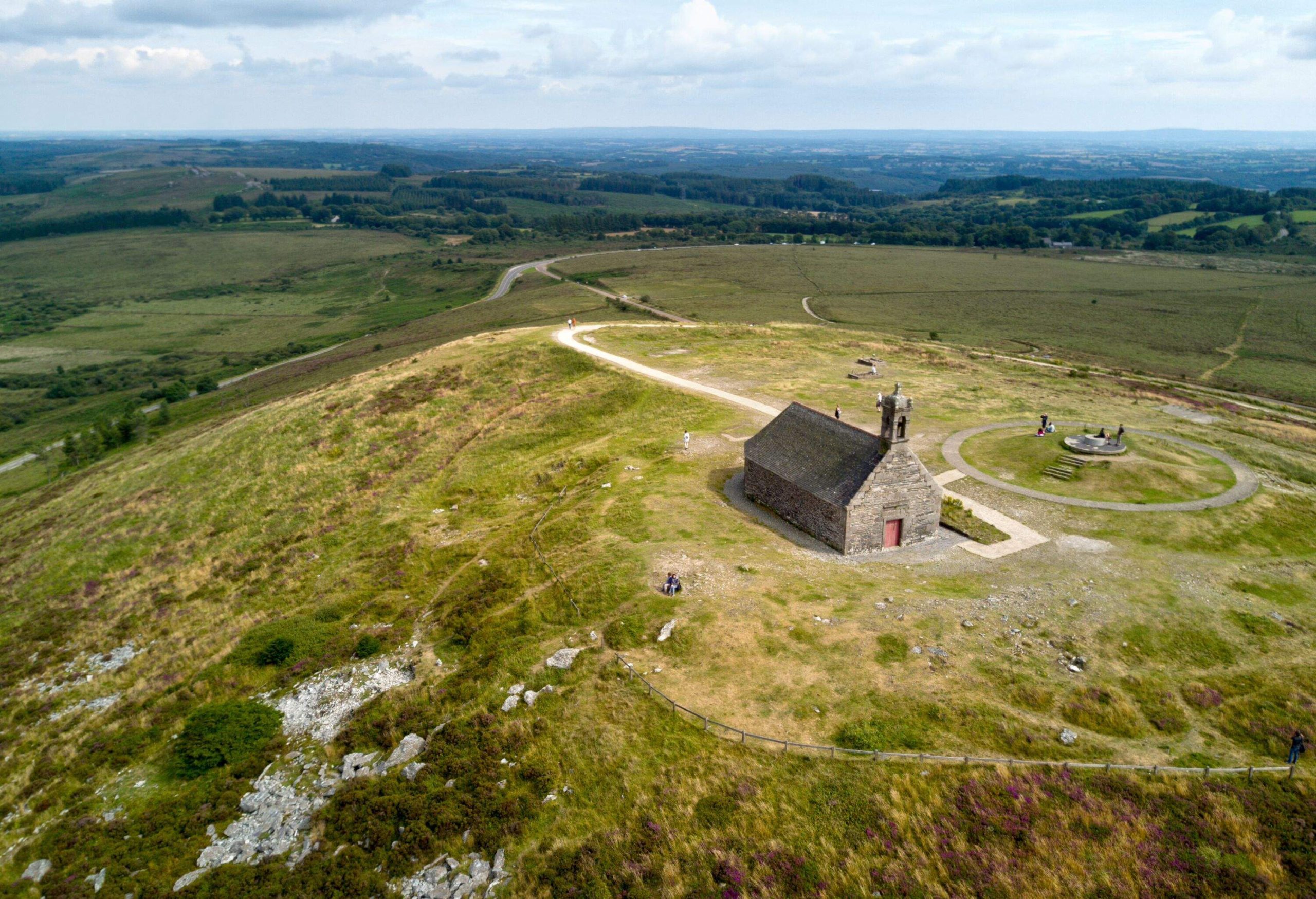 Saint-Michel chapel at the top of the Mont Saint-Michel de Brasparts, one of the peaks of the Monts d'Arrée range in Brittany in the commune of Saint-Rivoal in Finistère.