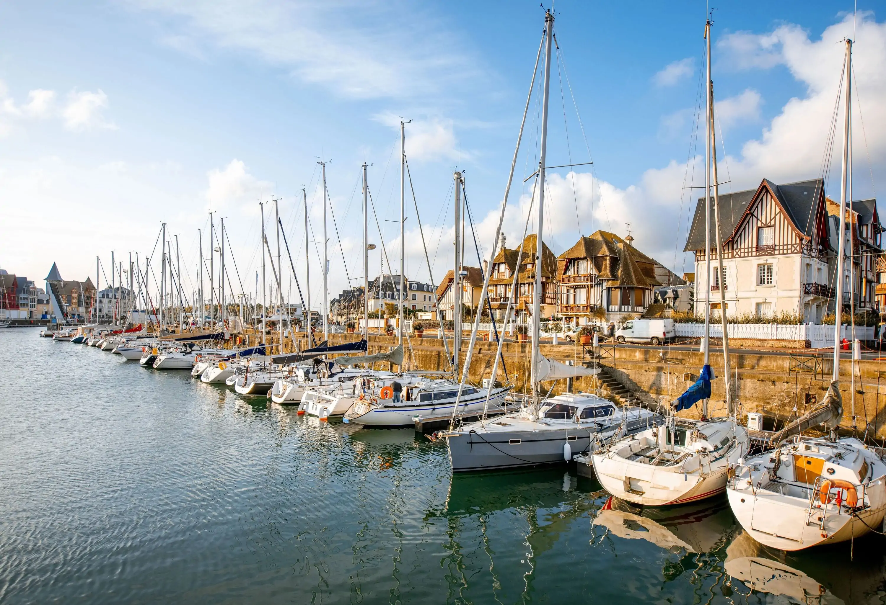 Sailing boats and yachts docked on a marina alongside a promenade lined with houses.