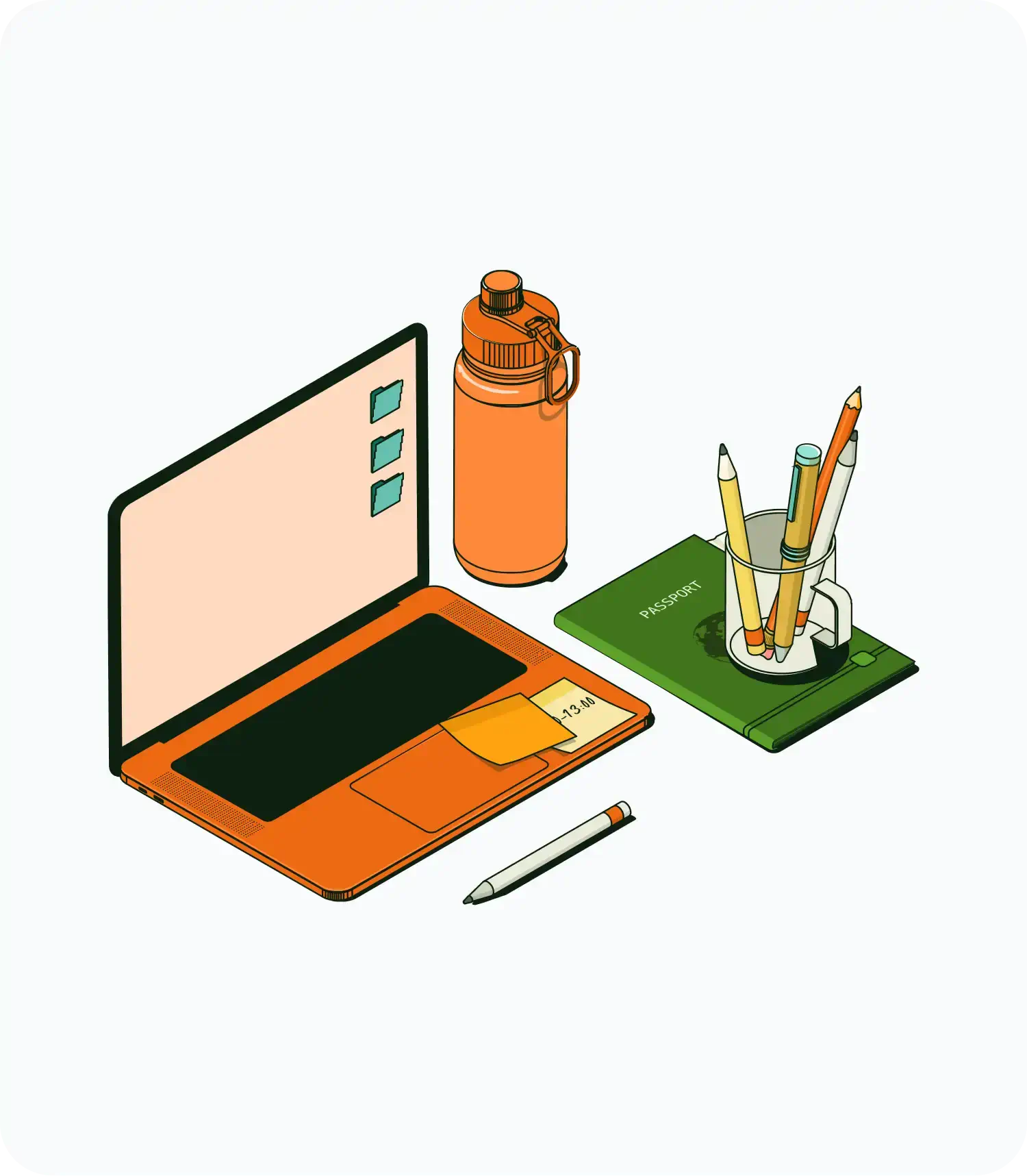 Illustration of a workspace with a laptop, notebook, water bottle, and cup of pencils and pens.