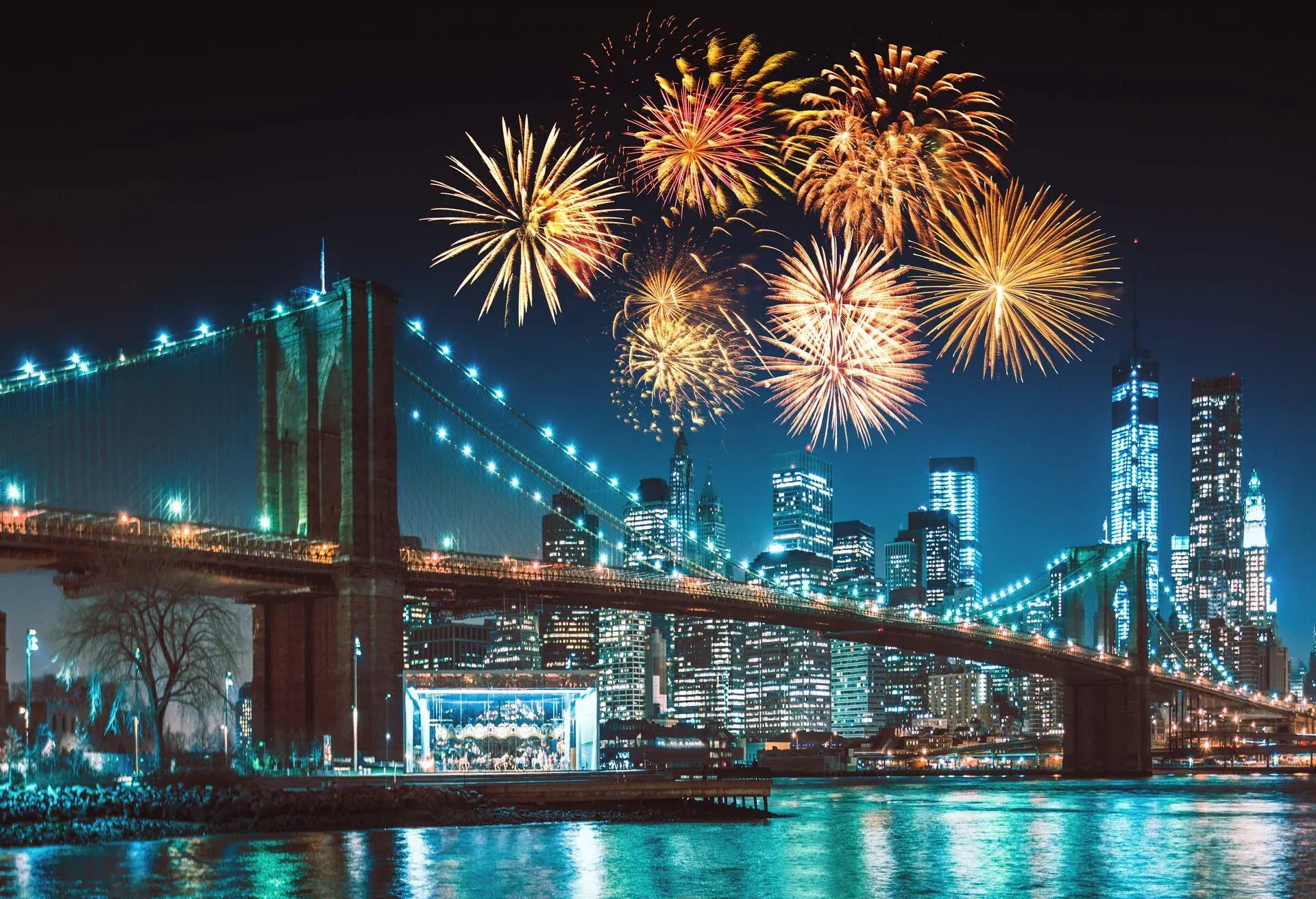 new york city skyline at night with fireworks