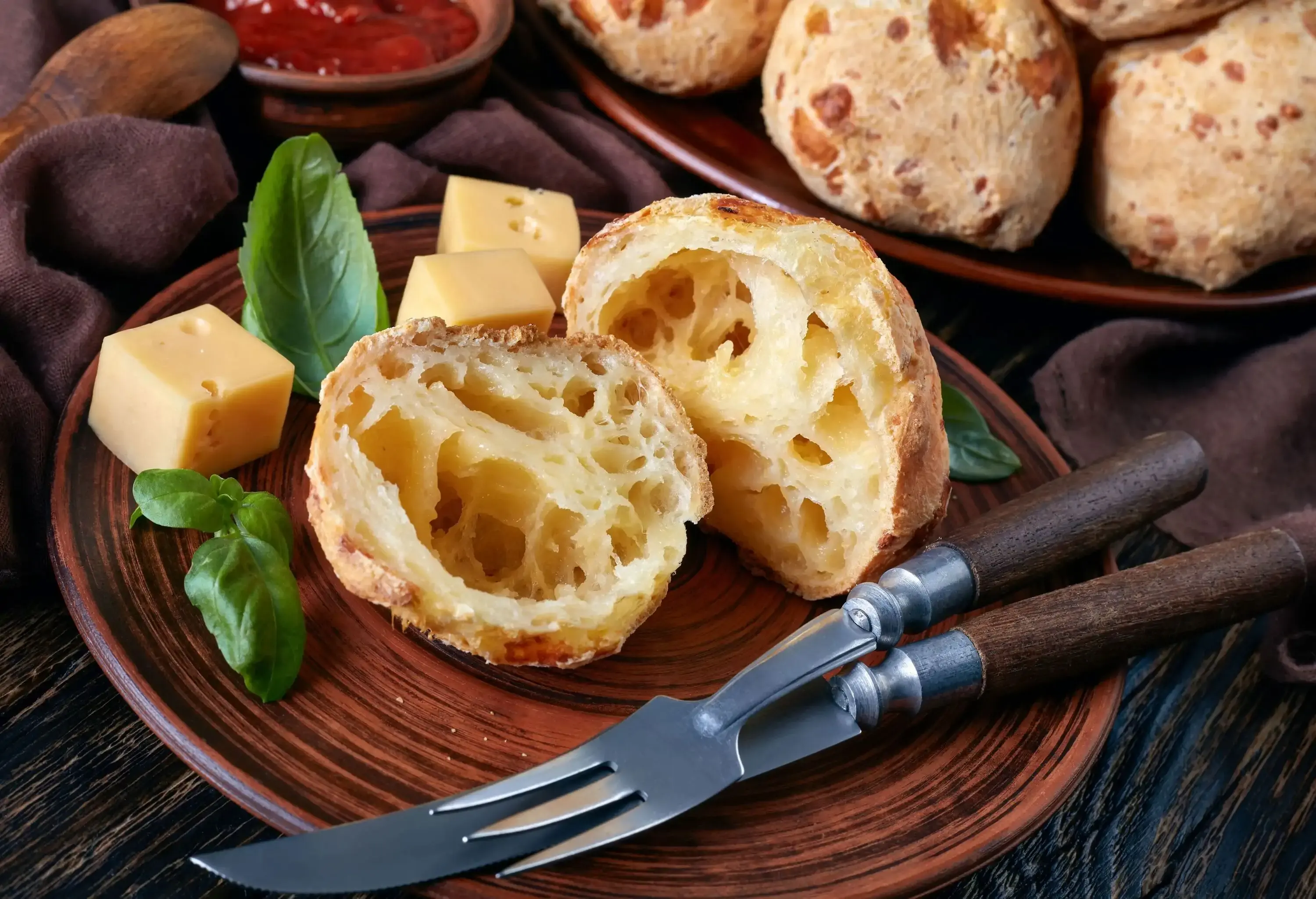 A plate with choux pastry sliced in half, cheese cubes, a knife, and a fork.