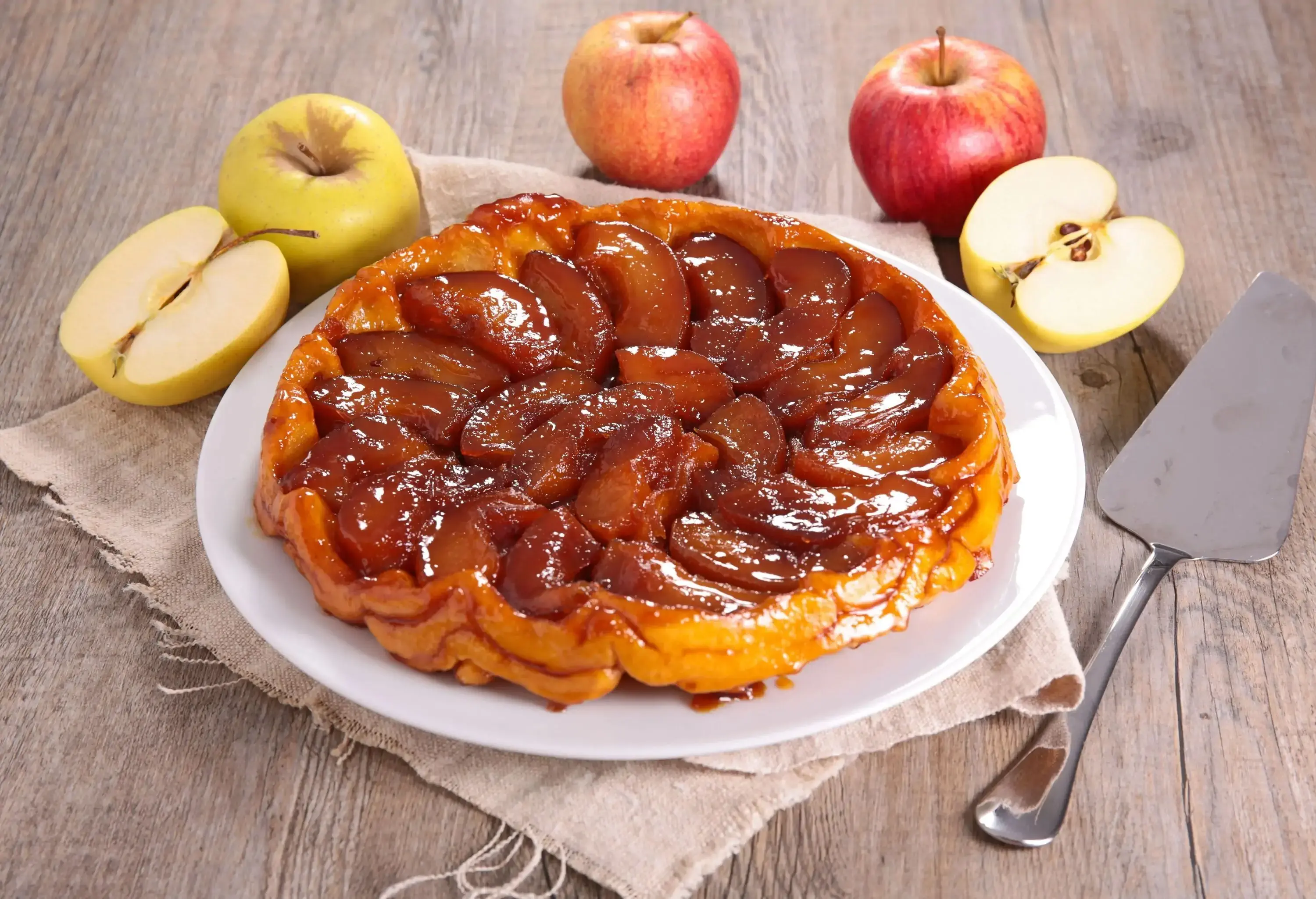An upside-down French tart of caramelized apples and a crisp, buttery crust.