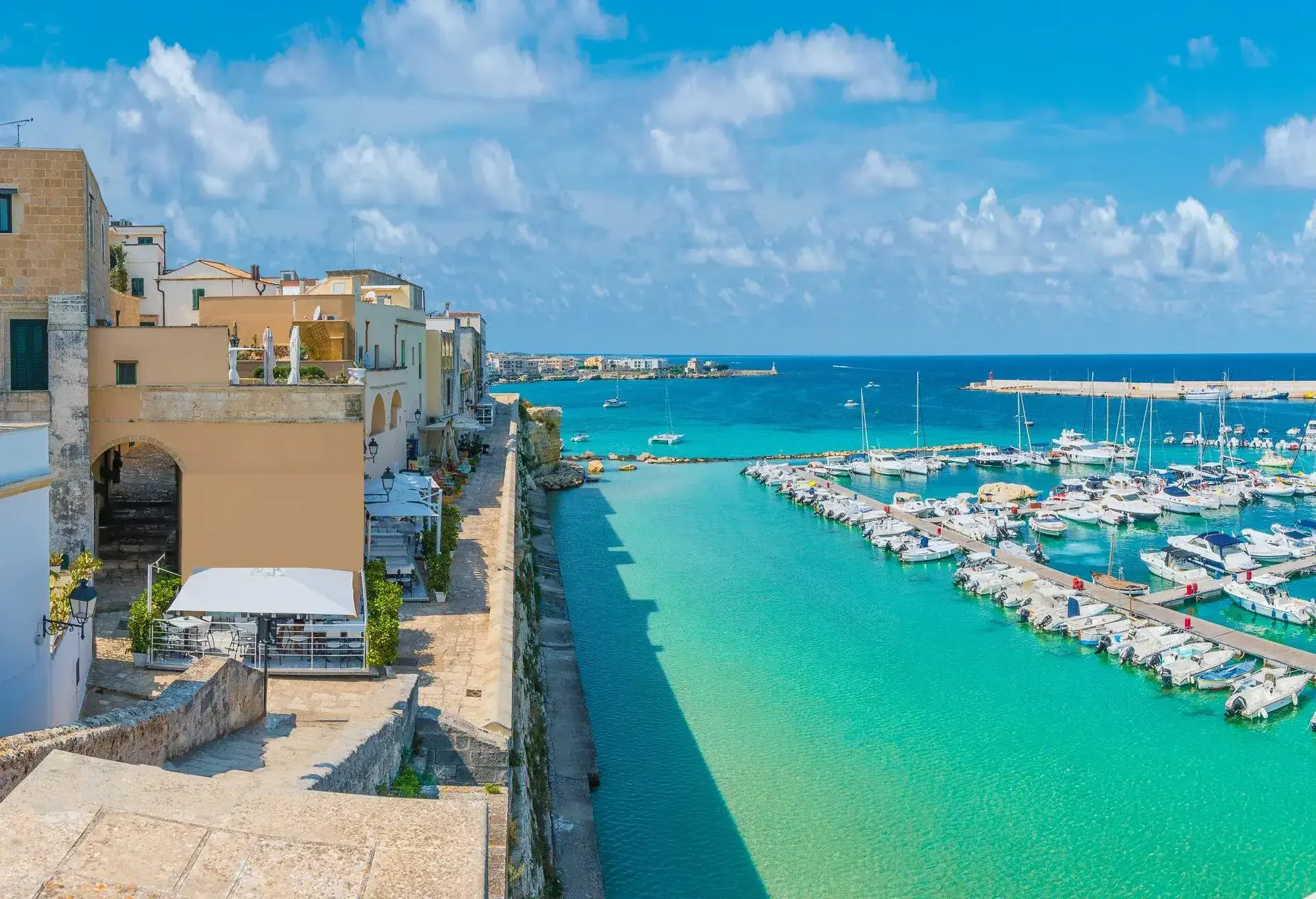 Panoramic view of Otranto town and harbor, province of Lecce, Puglia (Apulia), Italy