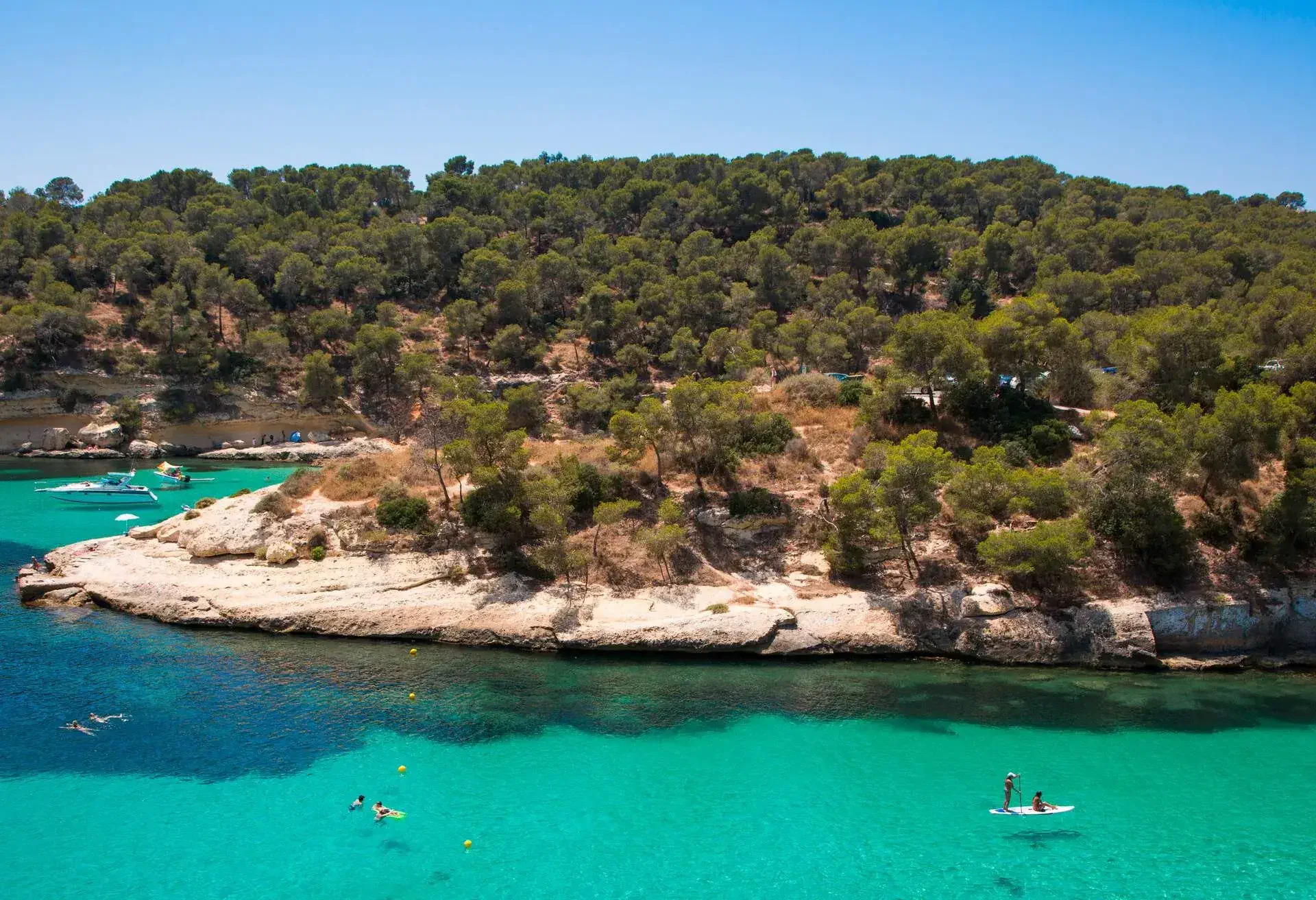 Woman on paddleboard and people swimming in Cala Portals Vells bay, Portals Vells, Mallorca, Balearic Islands, Spain